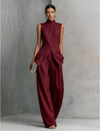 Women's sleeveless solid color casual two-piece set with long pants by FitiqueFit, available in four colors, XS to XXL.