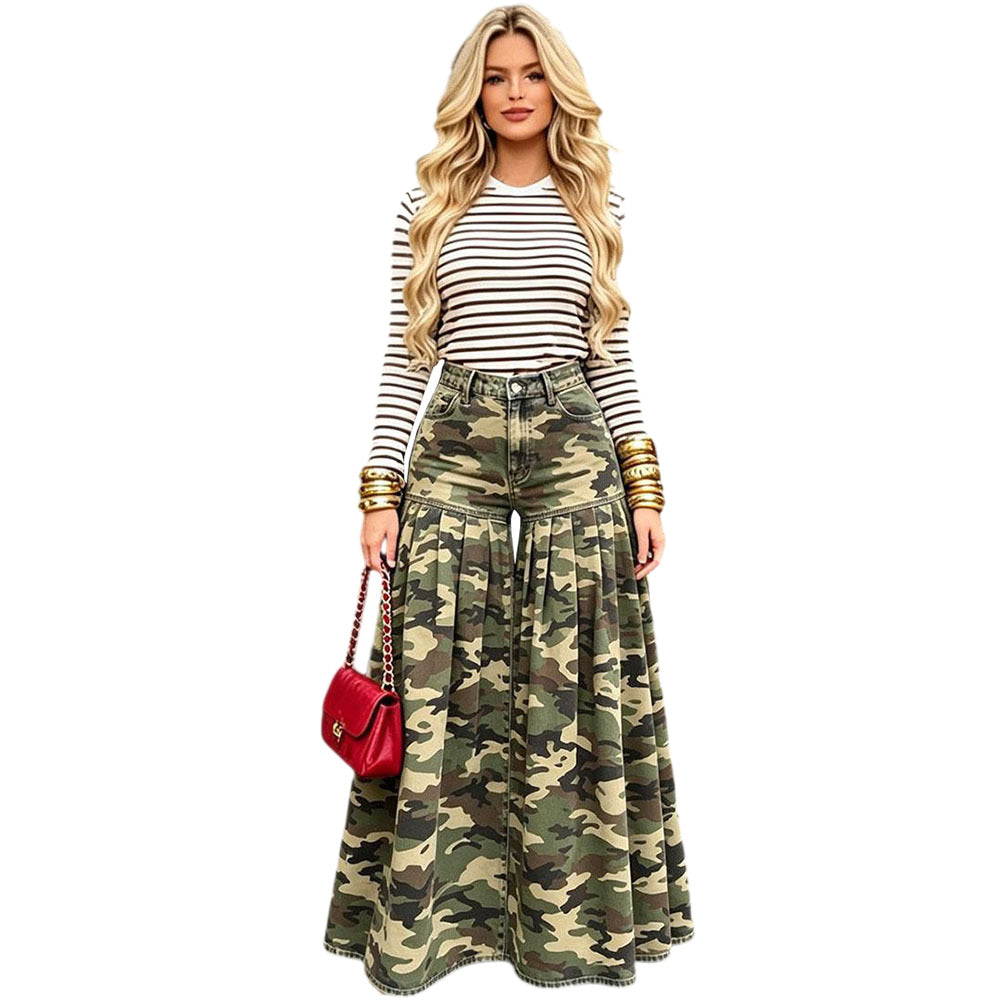Women’s high-waisted camouflage denim jeans with wide-leg fit and ruffle pleats by Plush Fashion Hub, shown on a model.