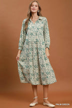 Umgee linen botanical print tiered midi dress with short sleeves and a flowy silhouette, perfect for casual summer wear.