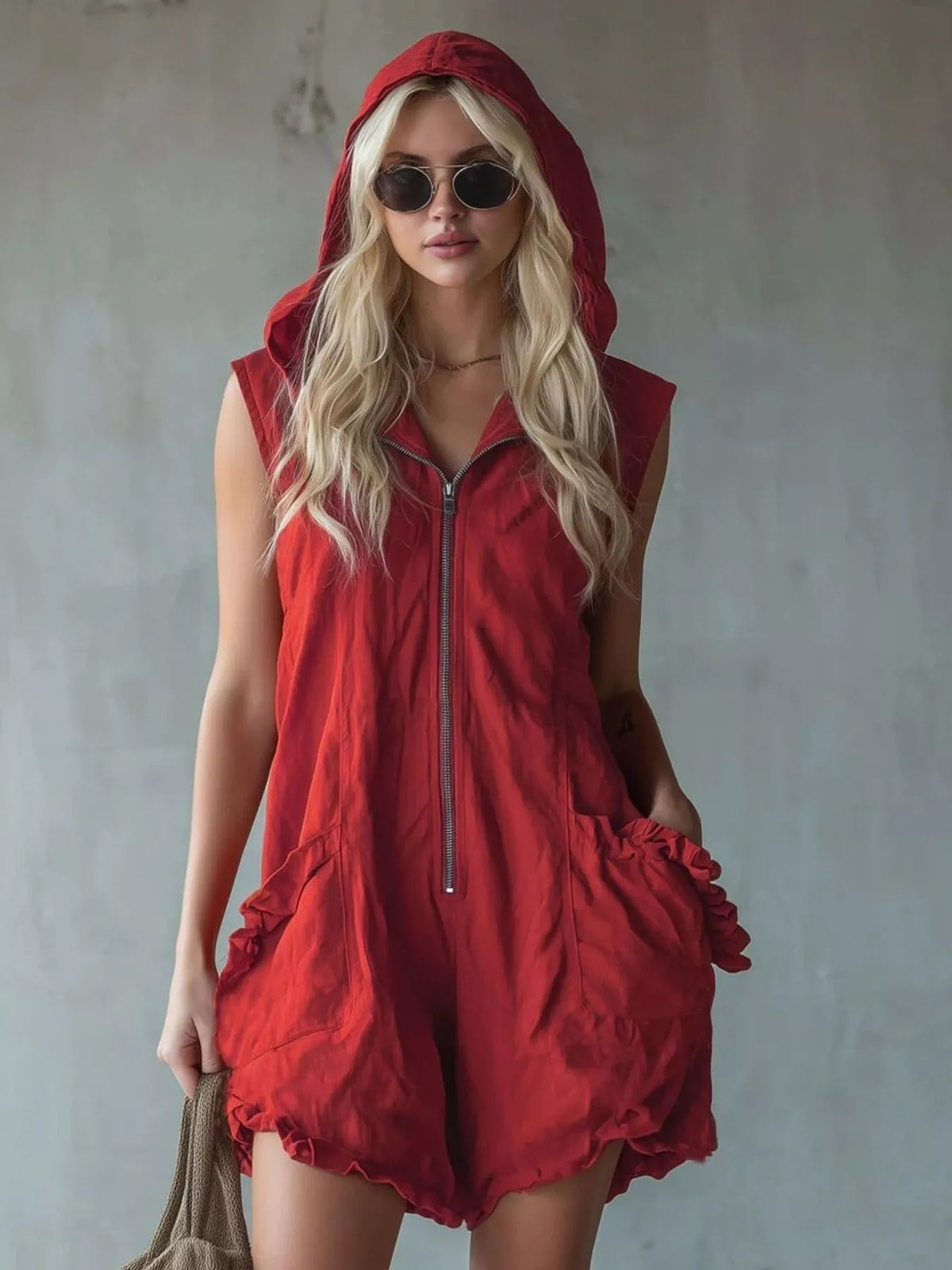 Full size hooded sleeveless zipper romper with ruffled pockets by Plush Fashion Hub, shown in a plus size, casual and stylish.