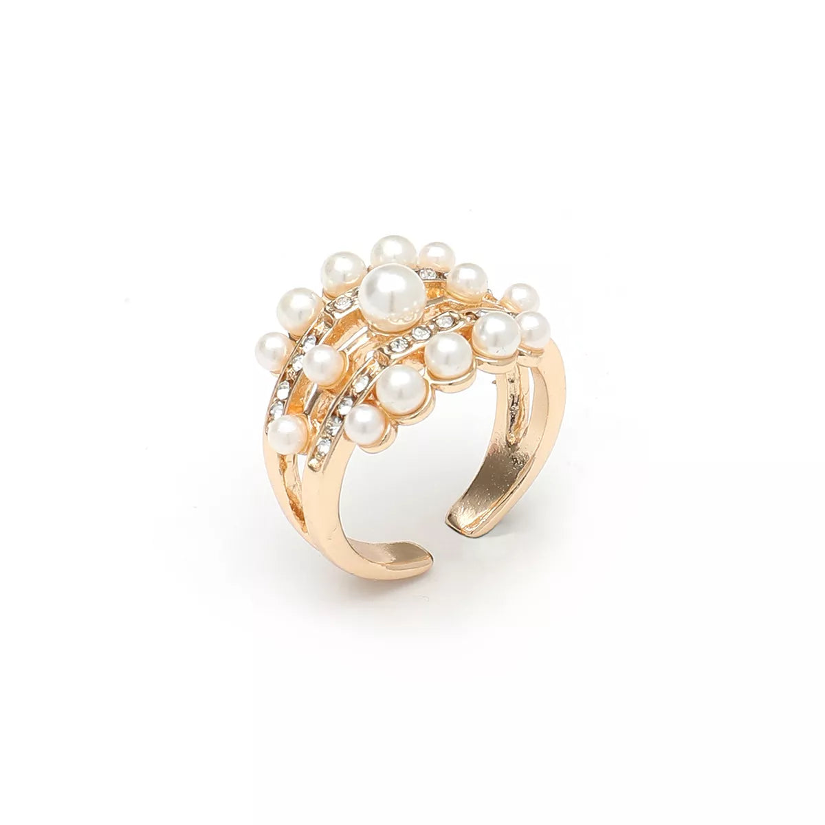18K gold-plated open pearl ring featuring a sleek design and a lustrous pearl centerpiece, crafted by Plush Fashion Hub.