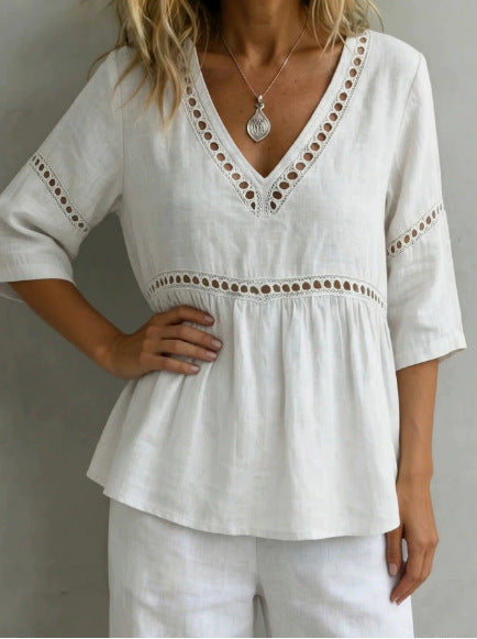 Women's V-neck hollow-out fringe cotton-linen top by FitiqueFit, featuring a casual V-neck design with fringe and cut-out details.