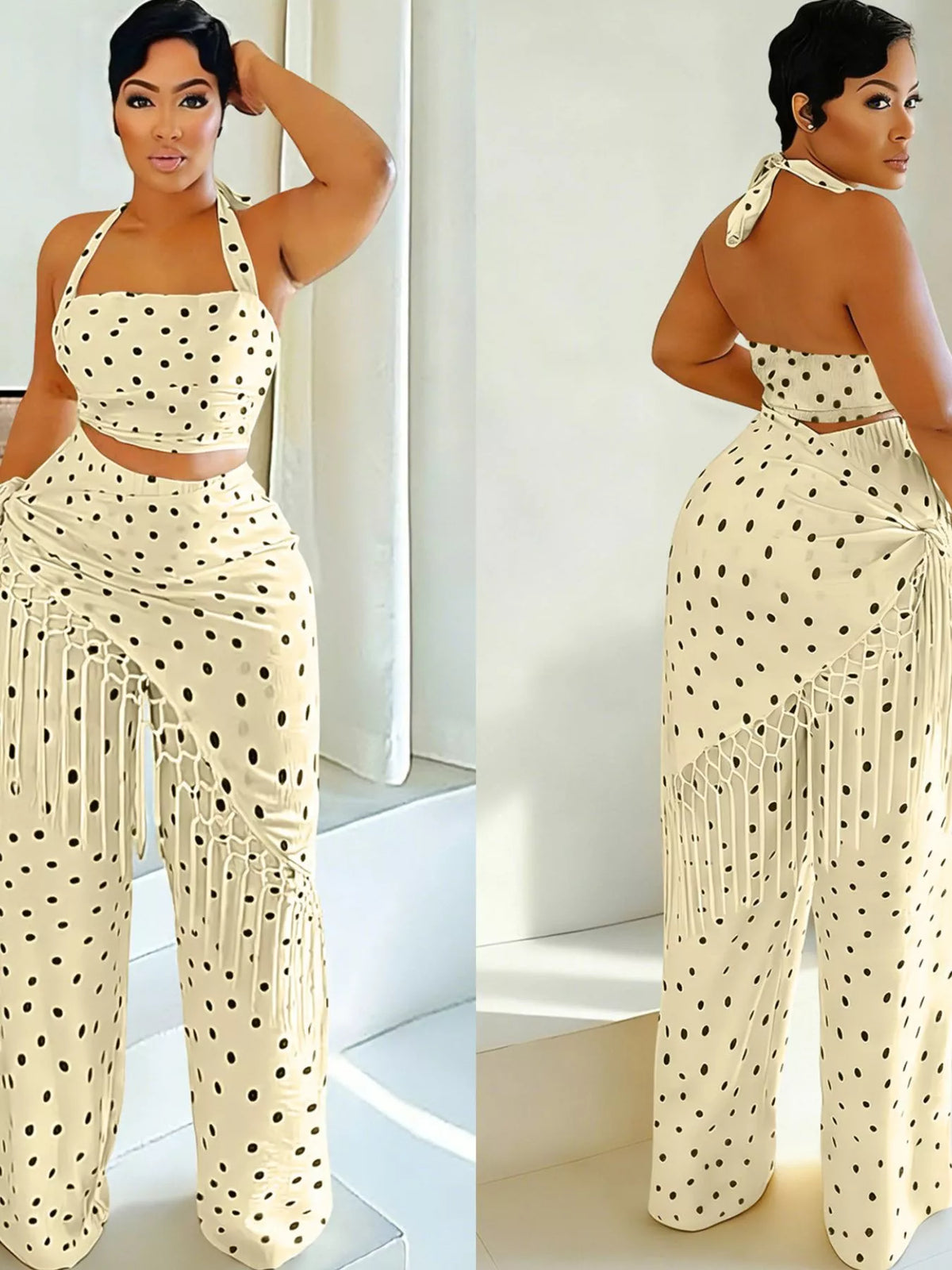 Polka dot halter neck cami and fringe trim pants set from Plush Fashion Hub, featuring rings and stylish casual wear.