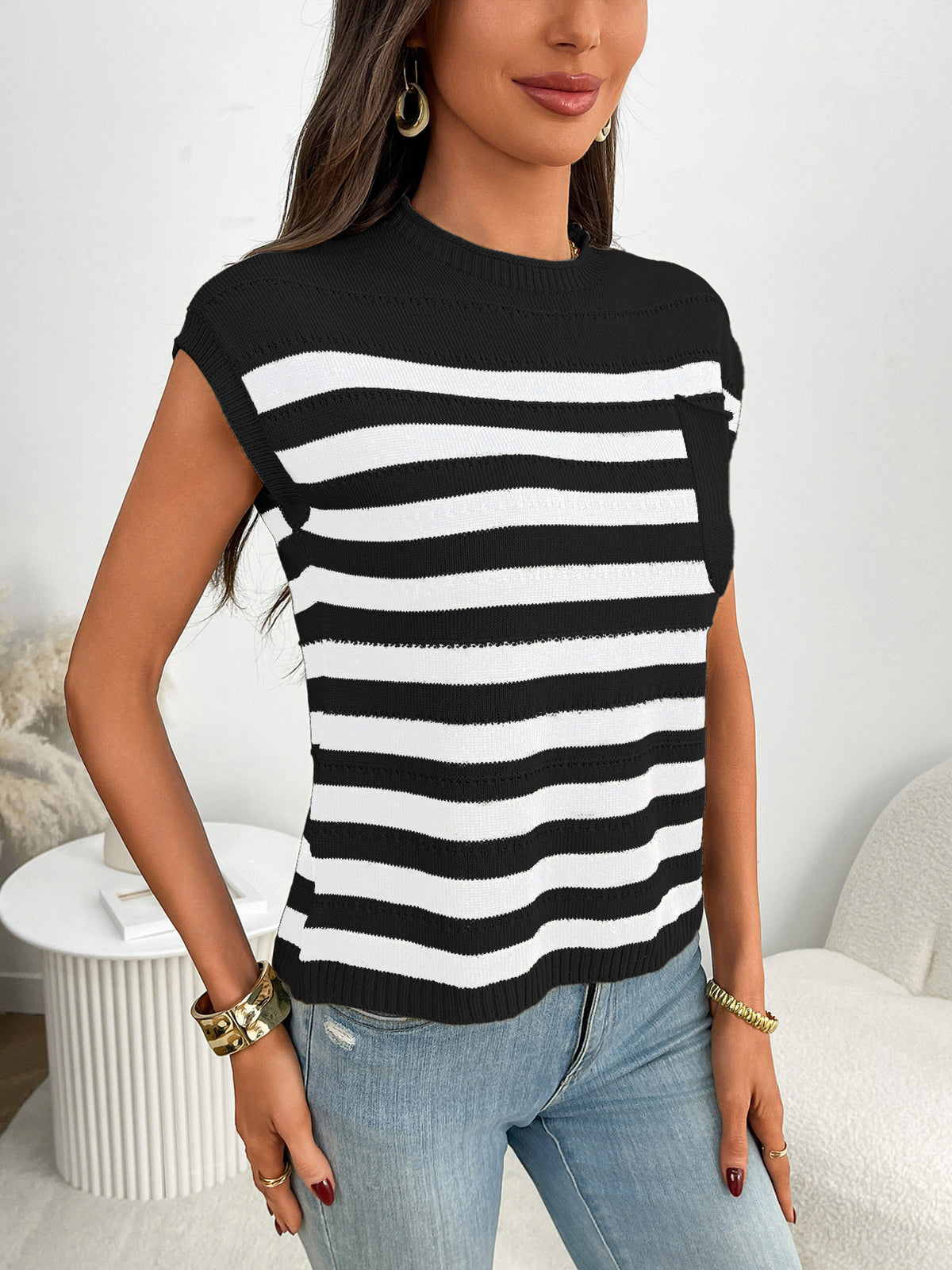 Women’s striped knit cap sleeve sweater with pocket detail, Plush Fashion Hub outerwear, casual and cozy knit top.