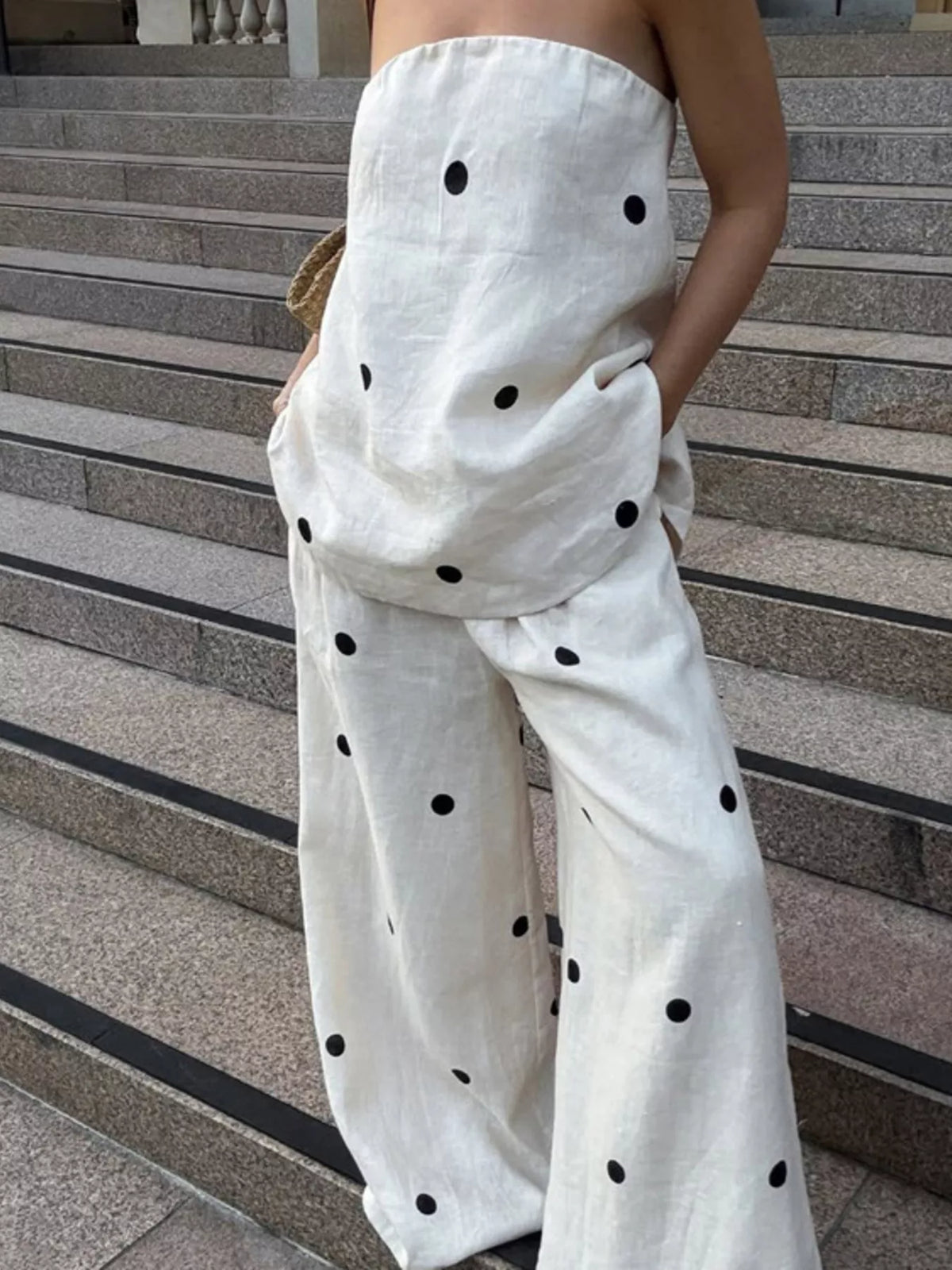 Polka dot tube top and matching pants set by Plush Fashion Hub, stylish summer outfit with bold polka dot pattern and comfortable fit.