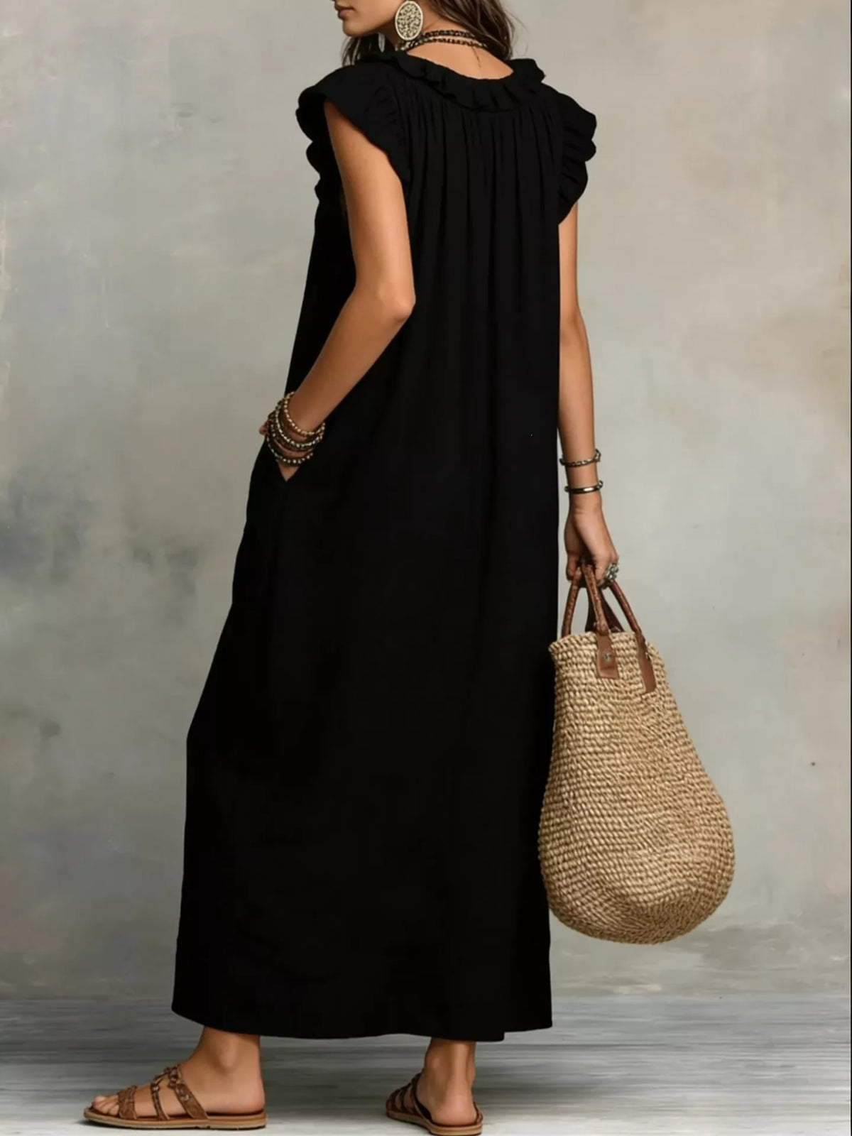 Plush Fashion Hub ruffled V-neck maxi dress with flowing fabric and elegant design, perfect for stylish summer occasions.