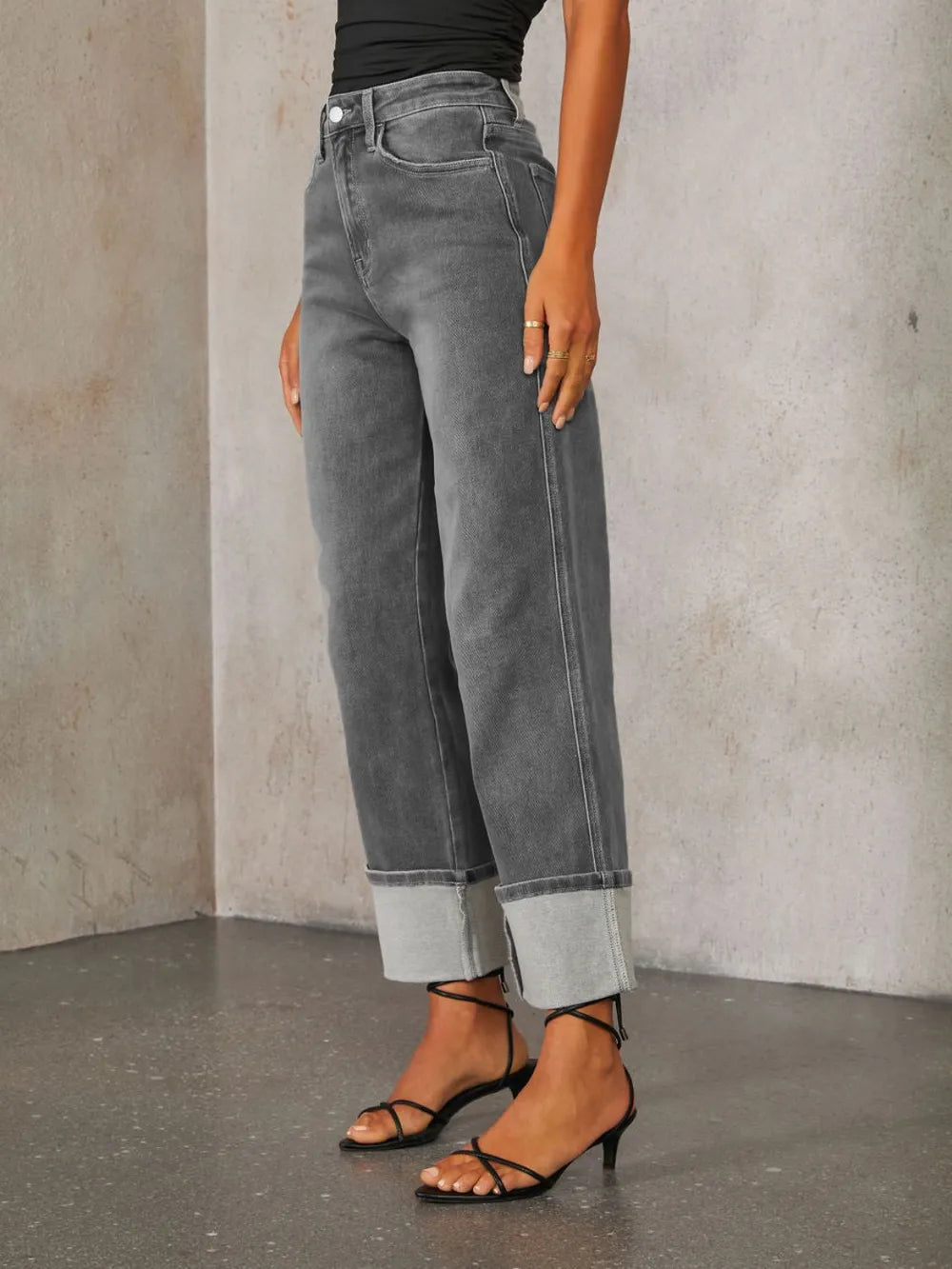 Trendsi high-waisted straight leg rolled denim jeans with classic blue wash and clean finish, displayed on a model.