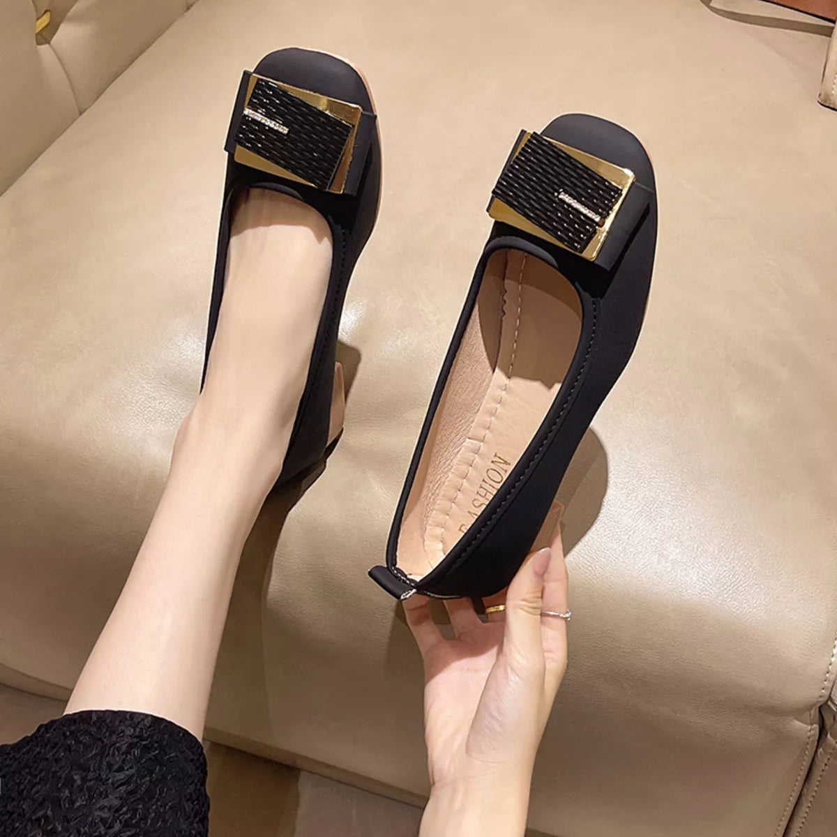 Plush Fashion Hub round toe block heel slip-on footwear, stylish and comfortable women's shoes with a sleek design.
