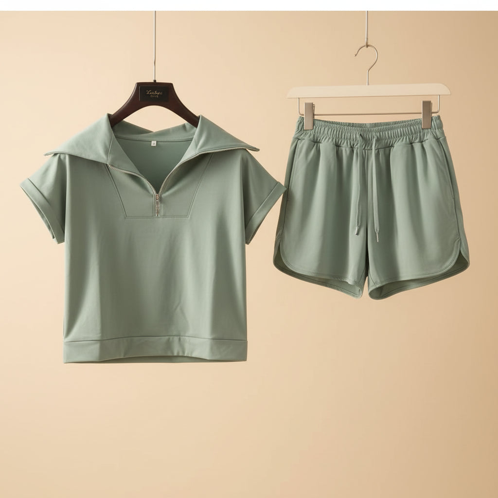 FitiqueFit half-zip lapel sweatshirt and shorts two-piece set in seven colors, casual athletic wear for women.