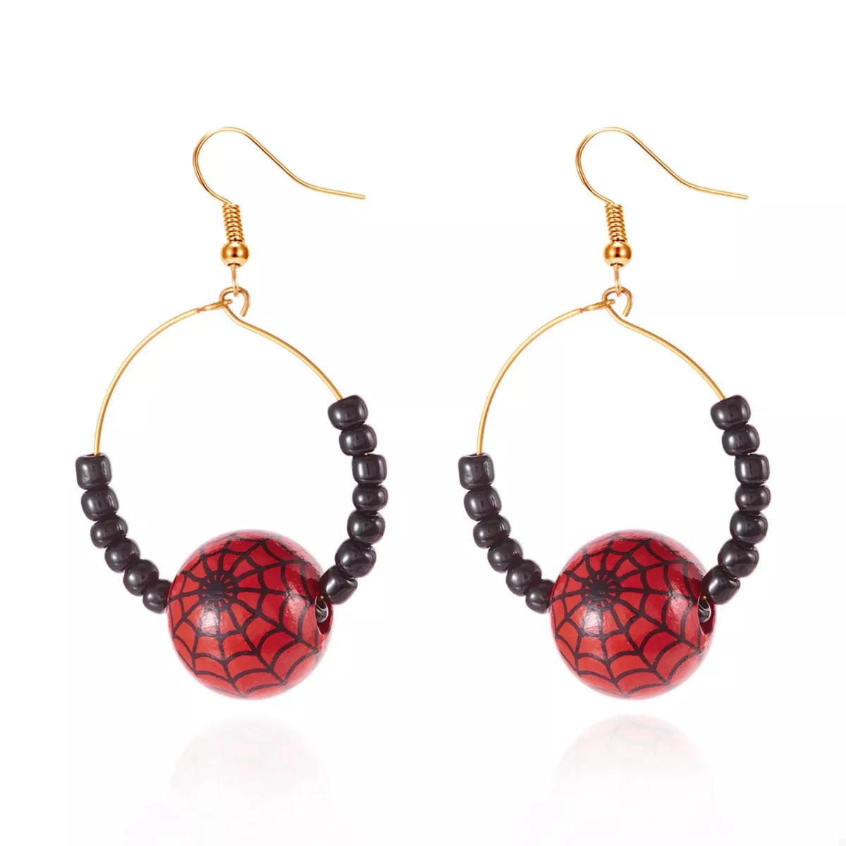 Gold-plated Halloween bead earrings with spooky charm, crafted by Plush Fashion Hub, featuring vibrant orange and black beads.