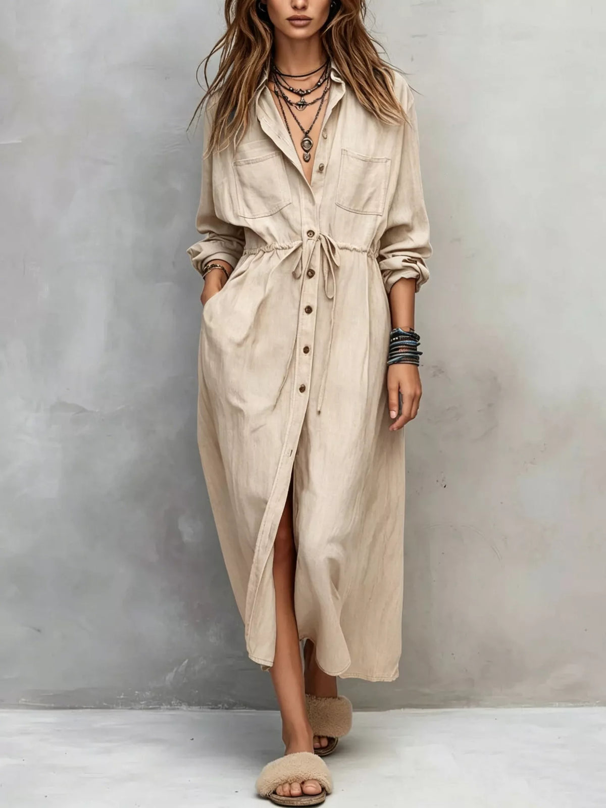 Plus size long sleeve button front shirt dress by Trendsi, featuring a classic collar, front buttons, and a relaxed fit.