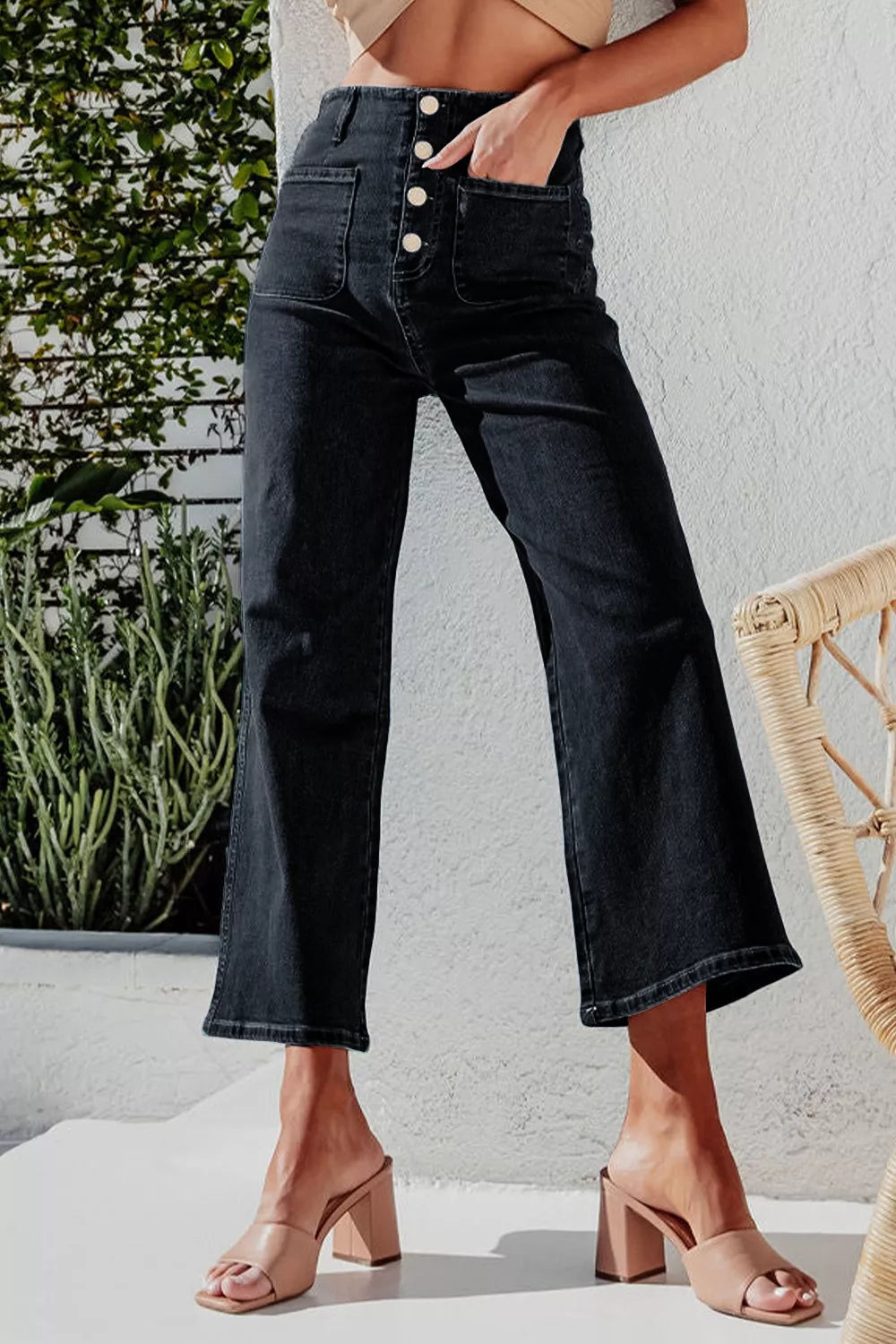 Plush Fashion Hub high-waisted wide-leg jeans with button fly, showcasing a relaxed fit and classic denim look.