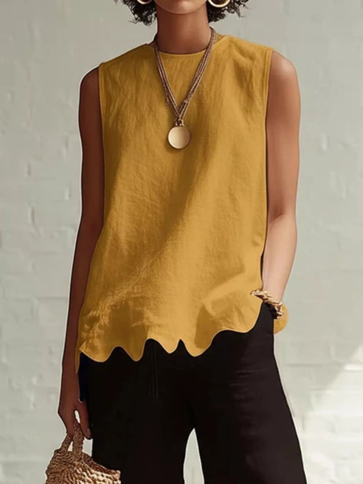 Plus size scalloped hem sleeveless tank top by Plush Fashion Hub, featuring a stylish fit and feminine scalloped details.