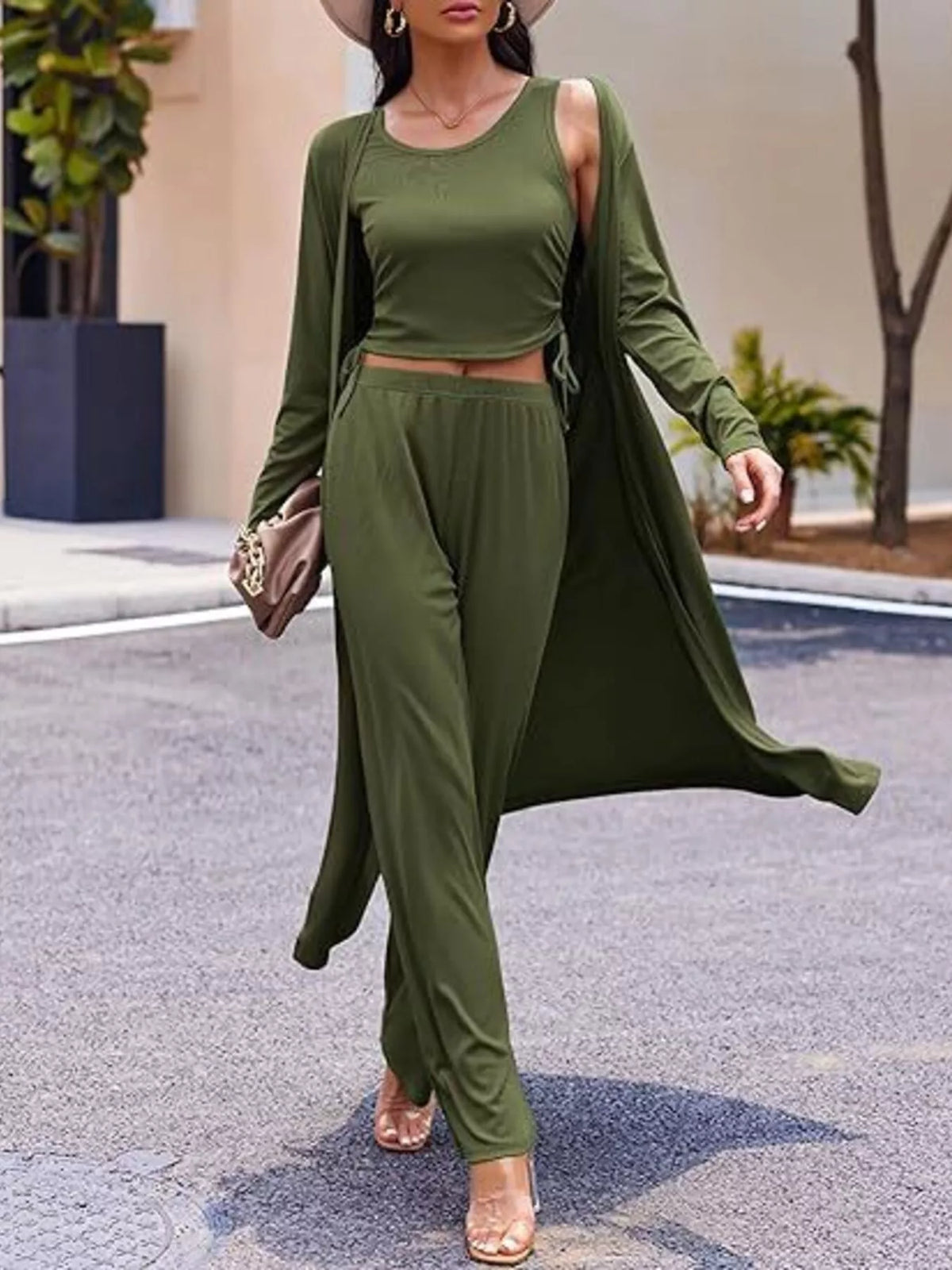 Plush Fashion Hub round neck tank cardigan and matching pants loungewear set, soft fabric, comfortable fit, in neutral tones.