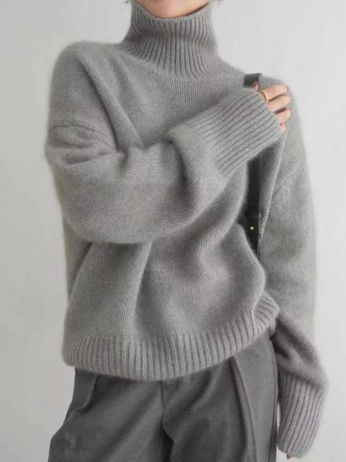 Simply Love turtleneck dropped shoulder sweater in cozy knit, shown with relaxed fit and ribbed cuffs.