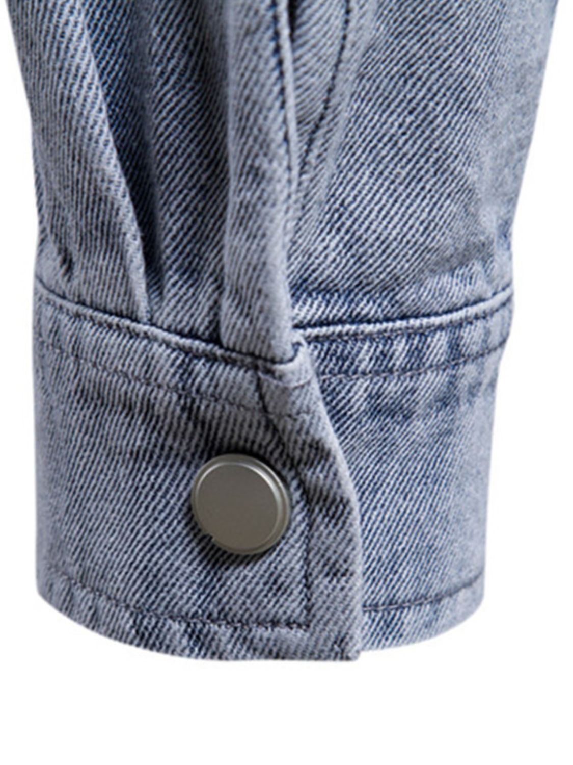 Men's denim button-down jacket with chest pockets from Plush Fashion Hub, featuring classic blue denim and front button closure.