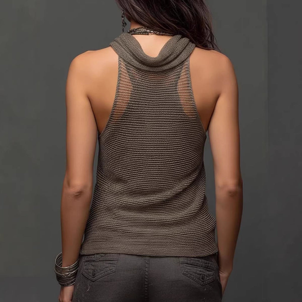 Women's slim-fit knit top by FitiqueFit featuring a halterneck, V-neck, and backless design for casualwear.