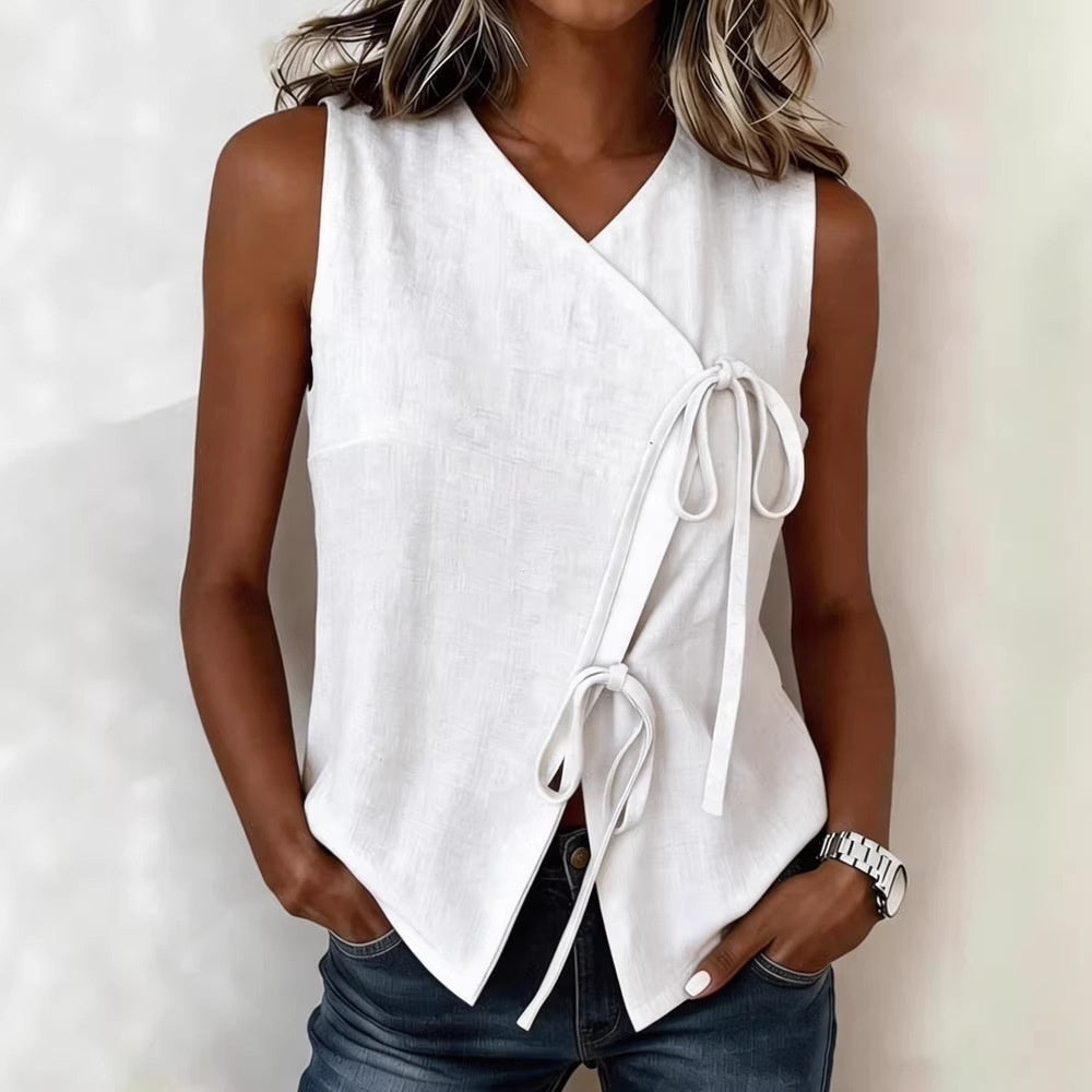 FitiqueFit bow-tied V-neck sleeveless tank top in various colors, featuring a casual fit and stylish design, shown in water reflection.