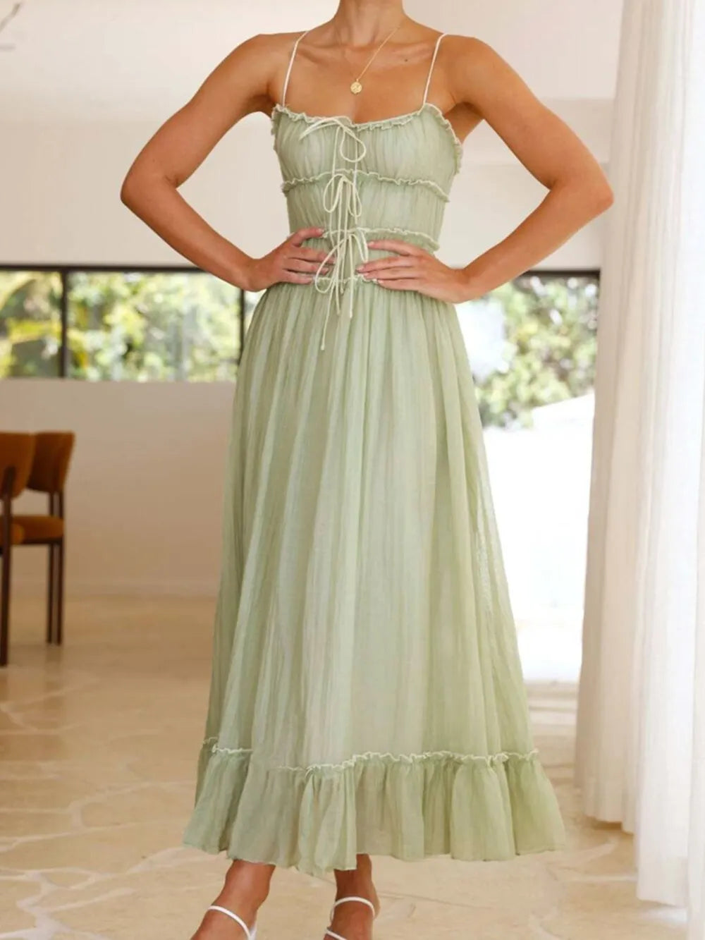 Plush Fashion Hub women's midi cami dress with ruffled hem and frill details, showcasing a stylish and feminine design.