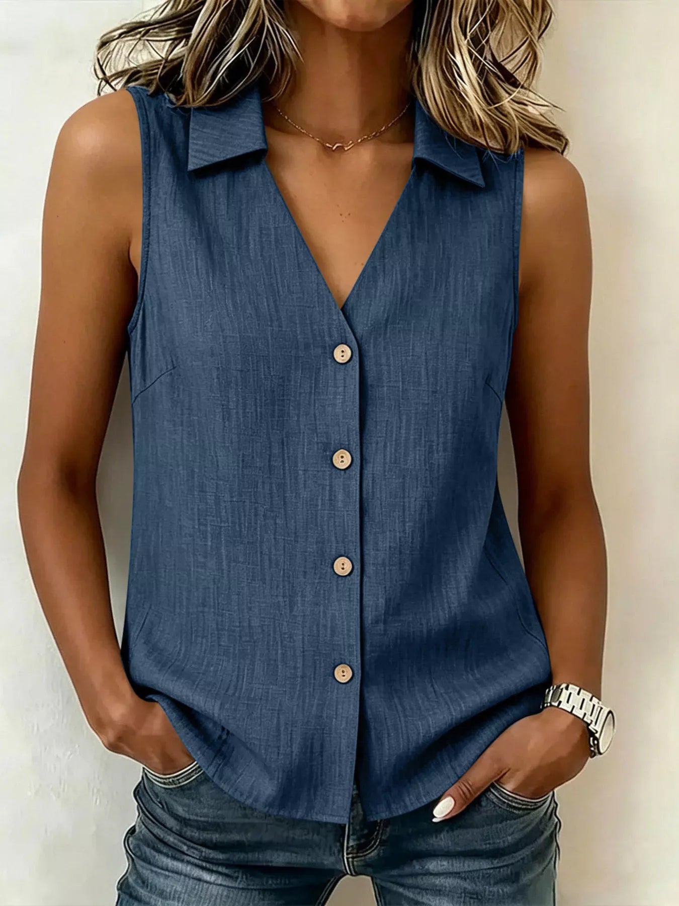 Plus size sleeveless button-up collared top from Trendsi, featuring a full front button closure and classic collar detail.