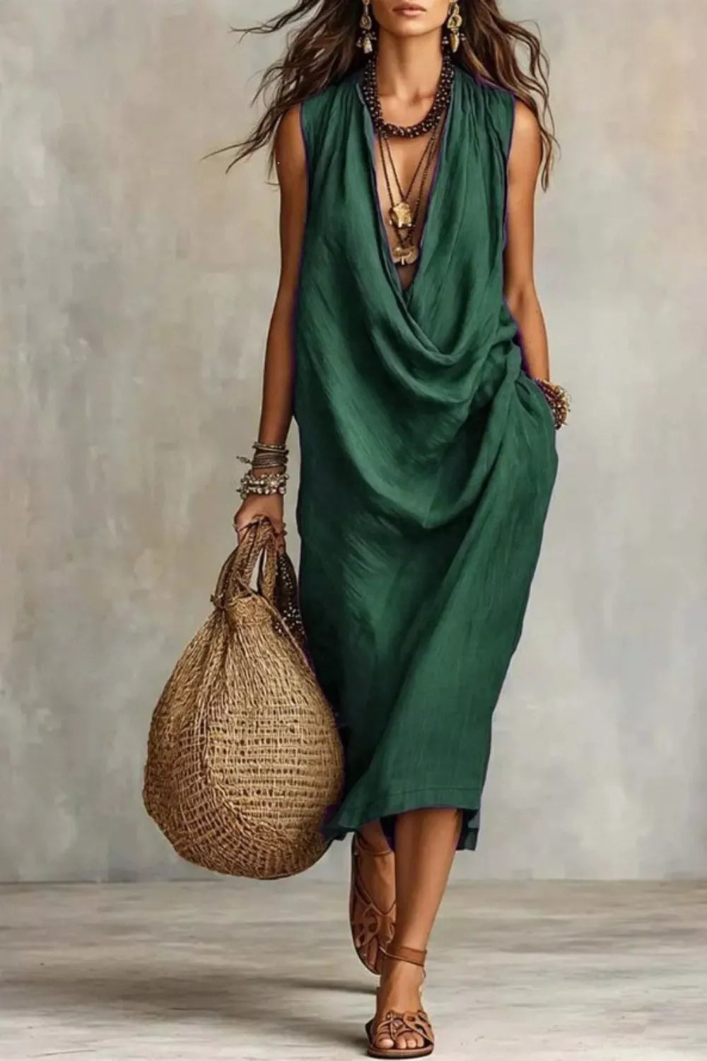 Sleeveless drape neck midi dress by Plush Fashion Hub featuring a stylish, flowing design perfect for elegant occasions.