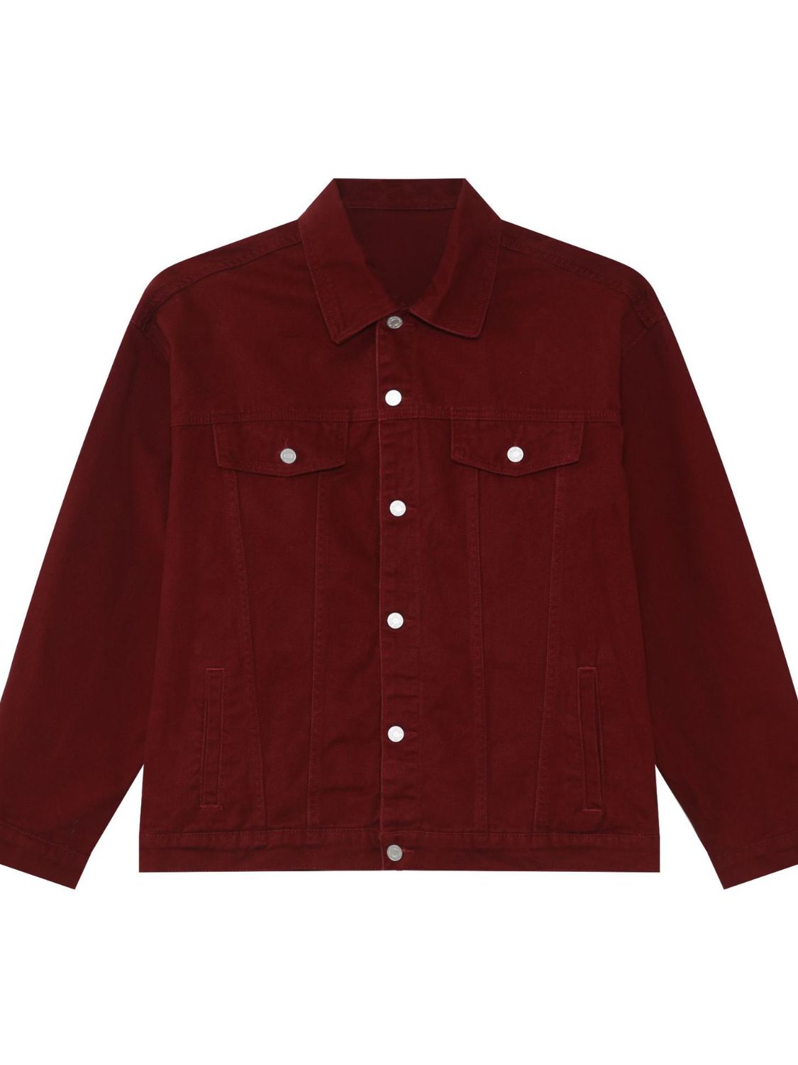 Men's dropped shoulder denim jacket by Plush Fashion Hub with button-up front and classic style, displayed on a hanger.