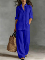 Women's bohemian casualwear set by FitiqueFit with a flowy top and matching pants, perfect for resort or lounge wear.