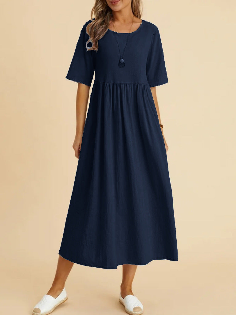 Plus size midi casual dress with a round neck and pockets by FitiqueFit, featuring a comfortable and stylish fit.