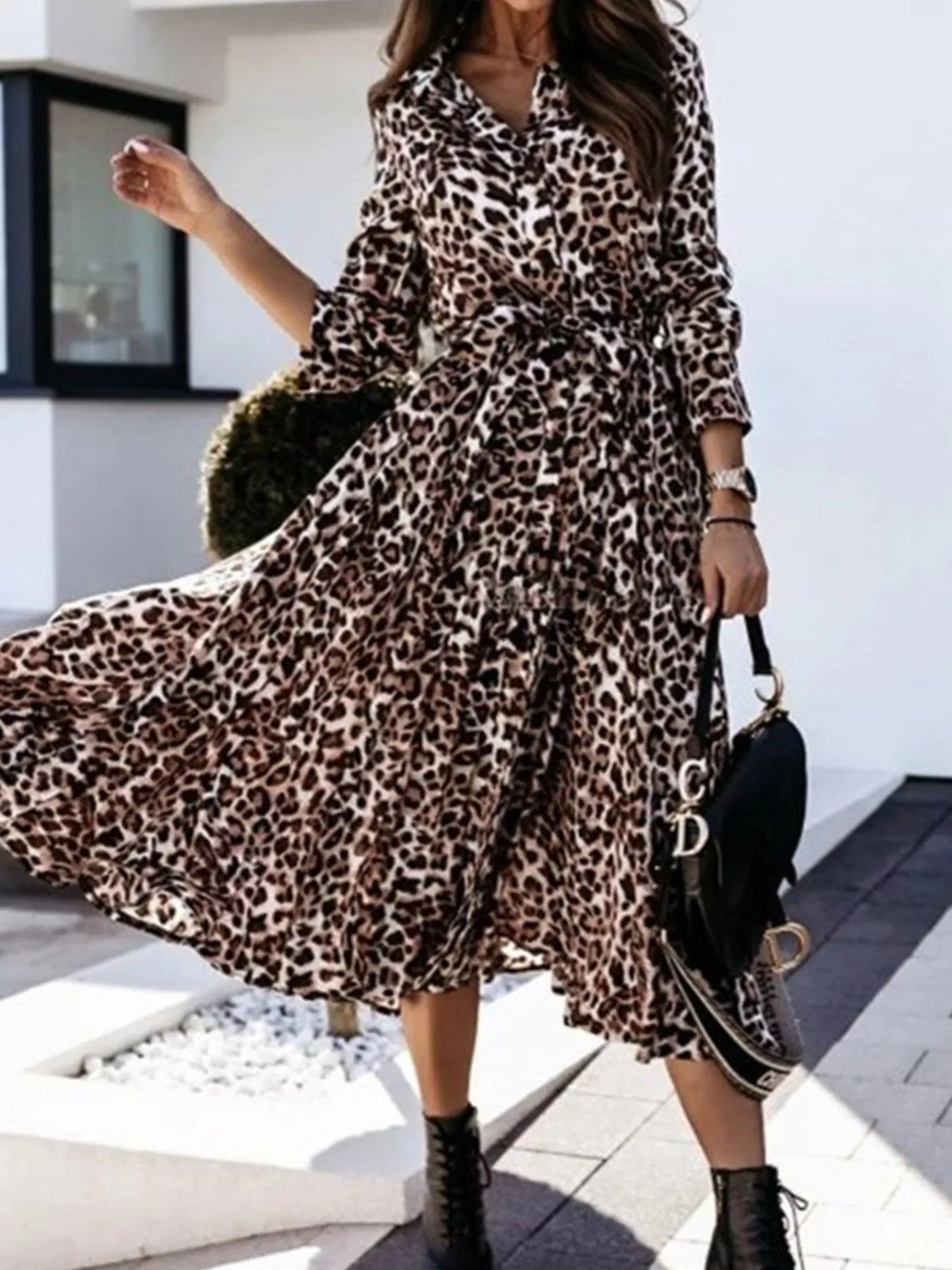 Leopard print button-down midi dress with belt from Trendsi, featuring a stylish silhouette and bold animal print.