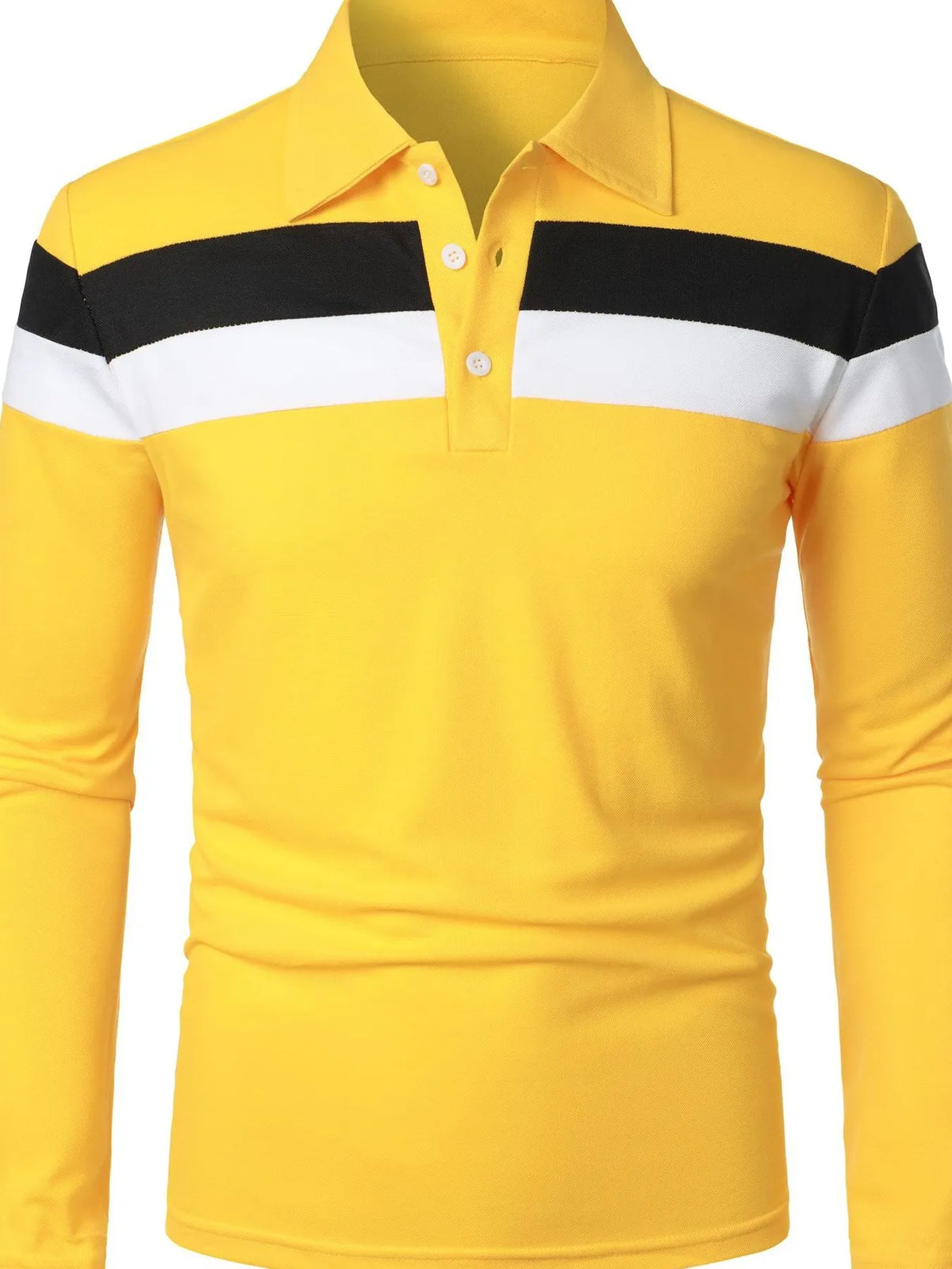 Men's full size color block long sleeve polo shirt by Trendsi, featuring a stylish multi-color design and classic polo collar.