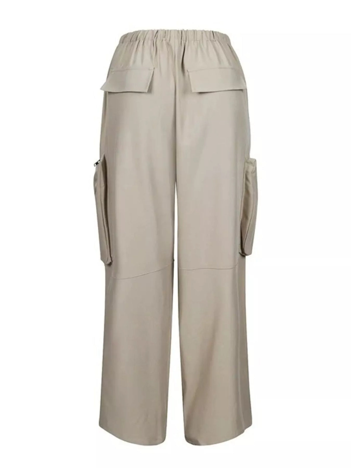Drawstring cargo pants with zipper accents from Trendsi, featuring multiple pockets and a relaxed fit in a casual style.