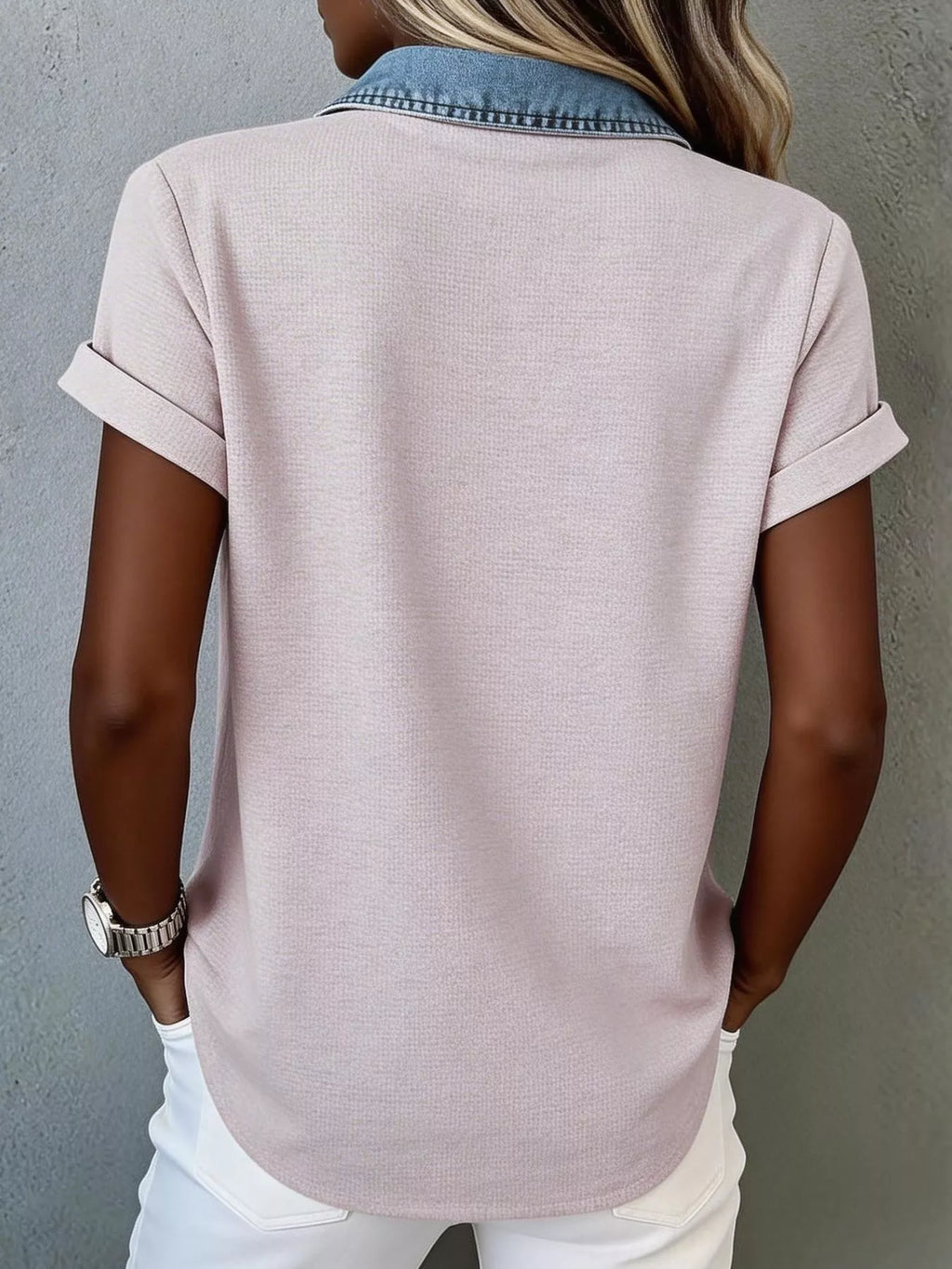 Denim trim short sleeve shirt from Trendsi, casual tops with denim accents and a relaxed fit, displayed on a white background.