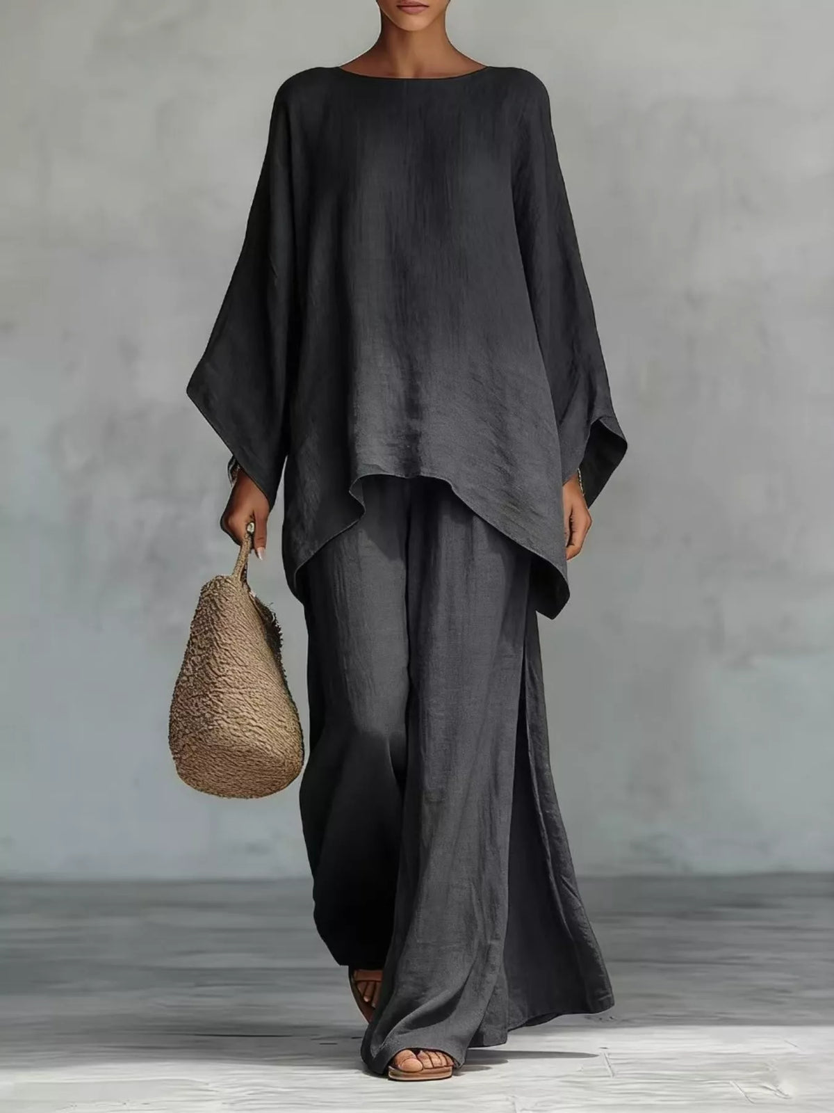 Plus size round neck top and wide leg pants set by Plush Fashion Hub, featuring a comfortable, stylish matching pant set.