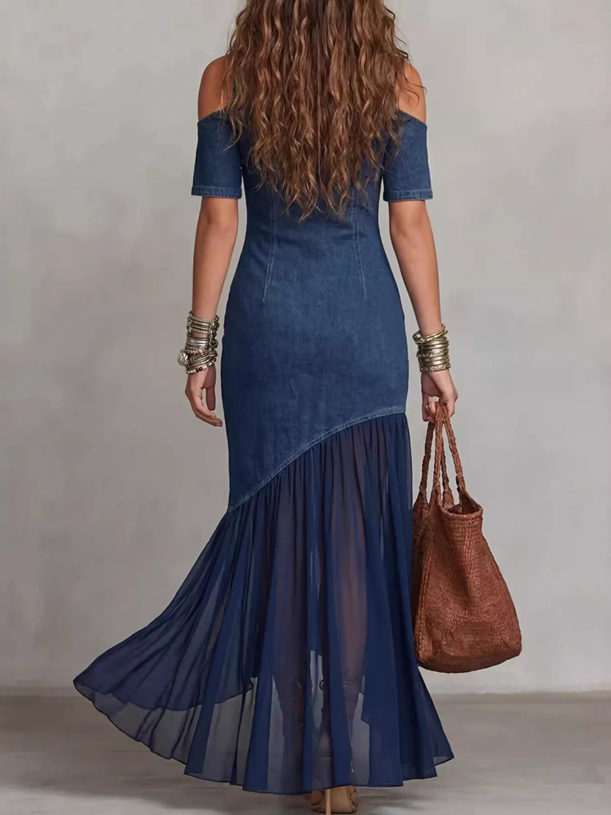 Plush Fashion Hub mock neck cold shoulder maxi dress with ruffle hem, elegant and flowing style for casual or formal occasions.