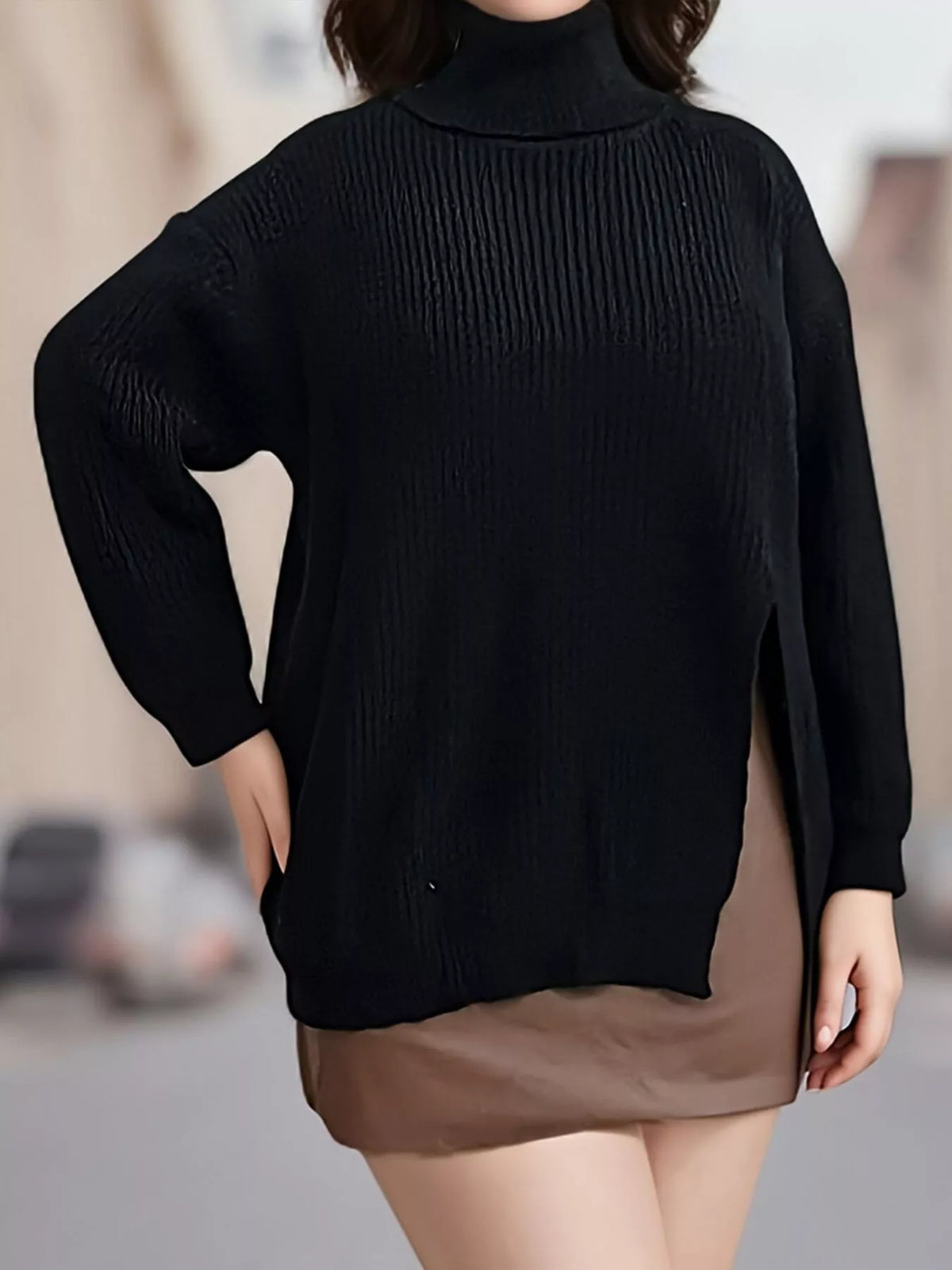 Plus size ribbed turtleneck sweater with side slit, stylish and cozy Trendsi sweater in a plus size fit.