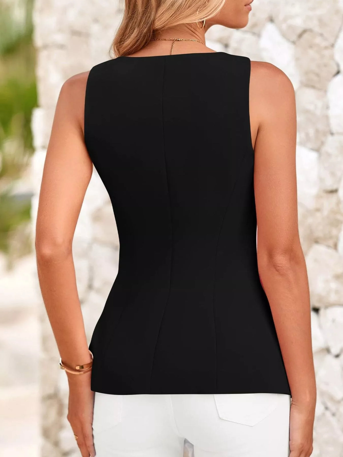 Square neck button-up vest from Plush Fashion Hub, stylish tops featuring a fitted design and front button closure.