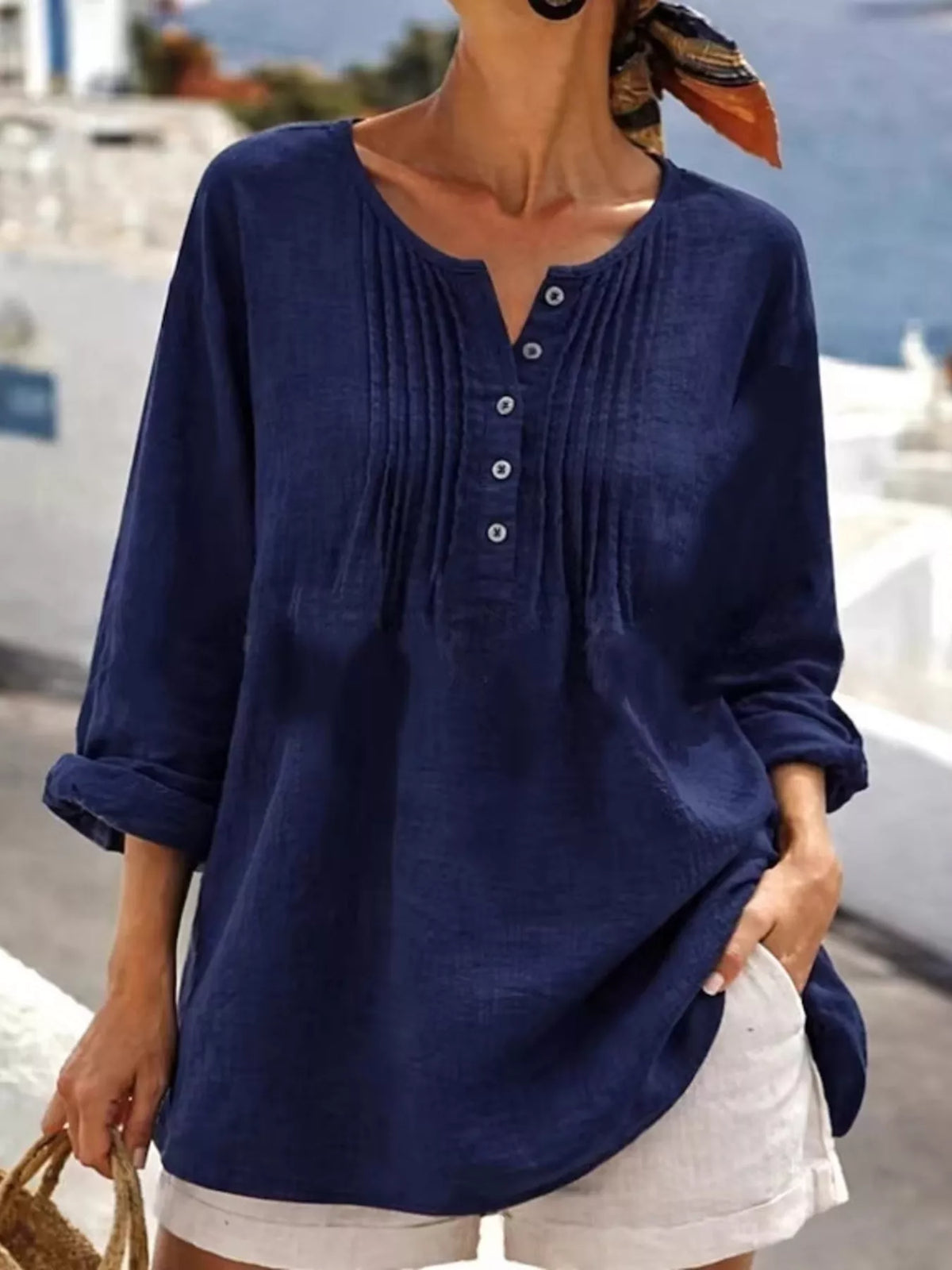 Casual long sleeve linen shirt with button details, stylish and breathable, by Trendsi.