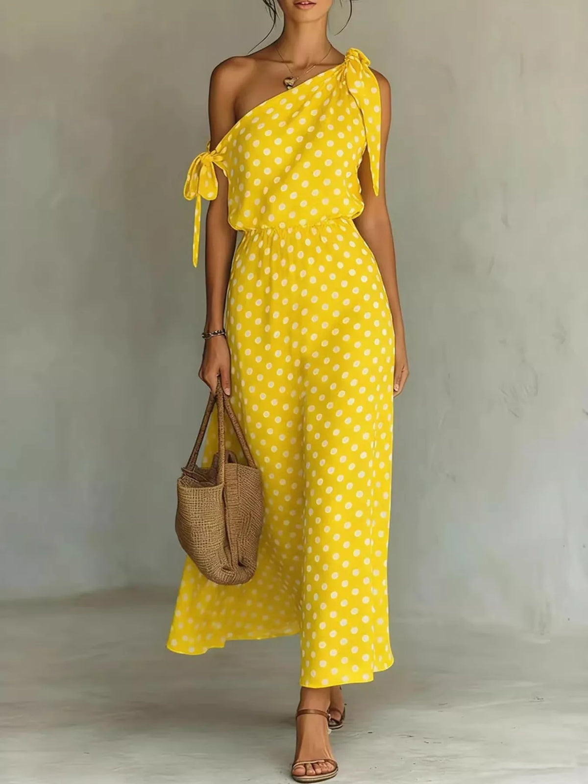 Plus size polka dot one-shoulder maxi dress by Plush Fashion Hub featuring a flowing design and elegant style.
