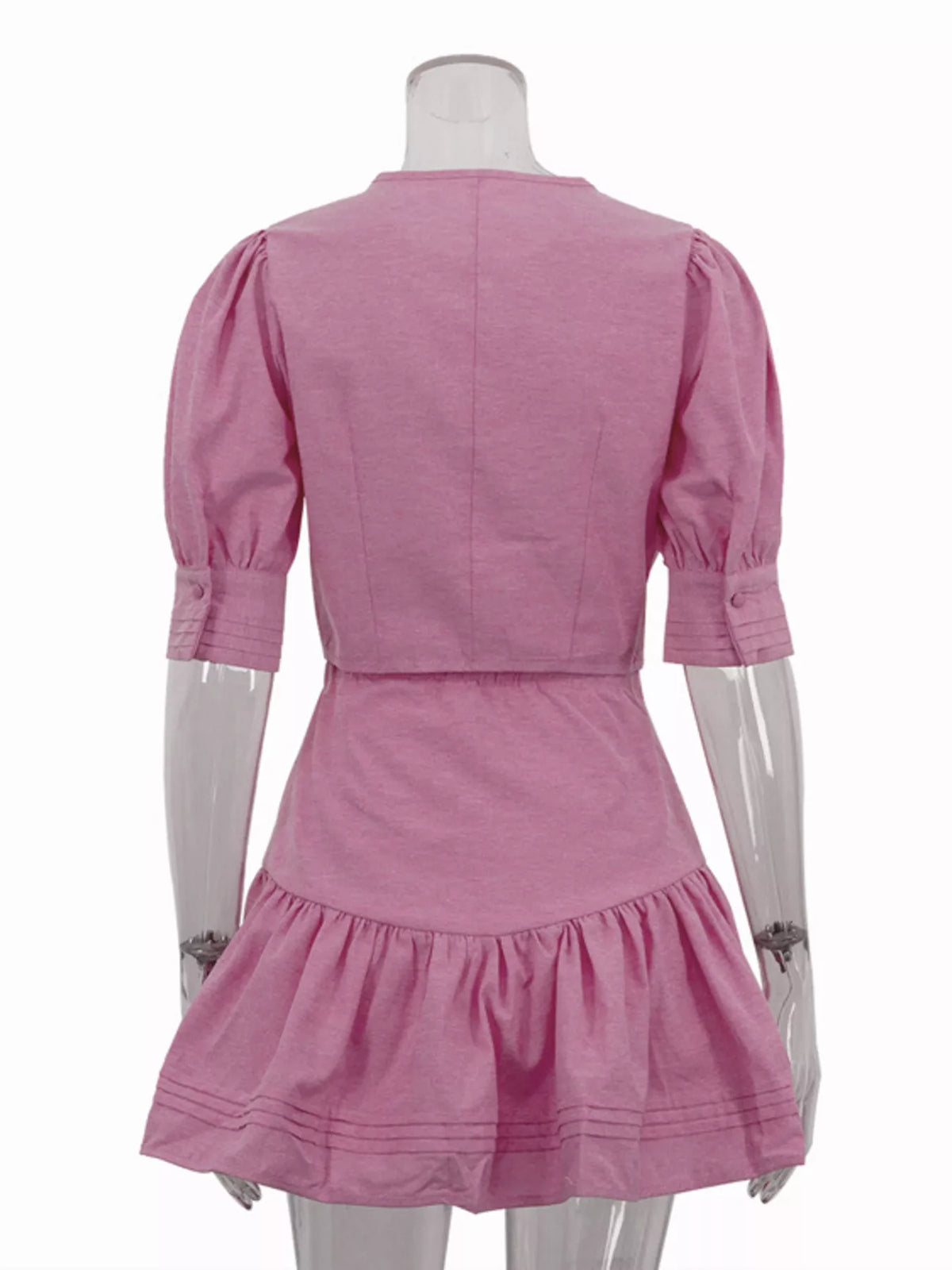 Plush Fashion Hub puff sleeve cropped top with ruffled skirt set, featuring feminine puff sleeves and layered ruffle details.