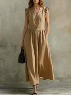 FitiqueFit V-neck puff-sleeve casual dress with pockets in cotton linen, shown in seven colors.