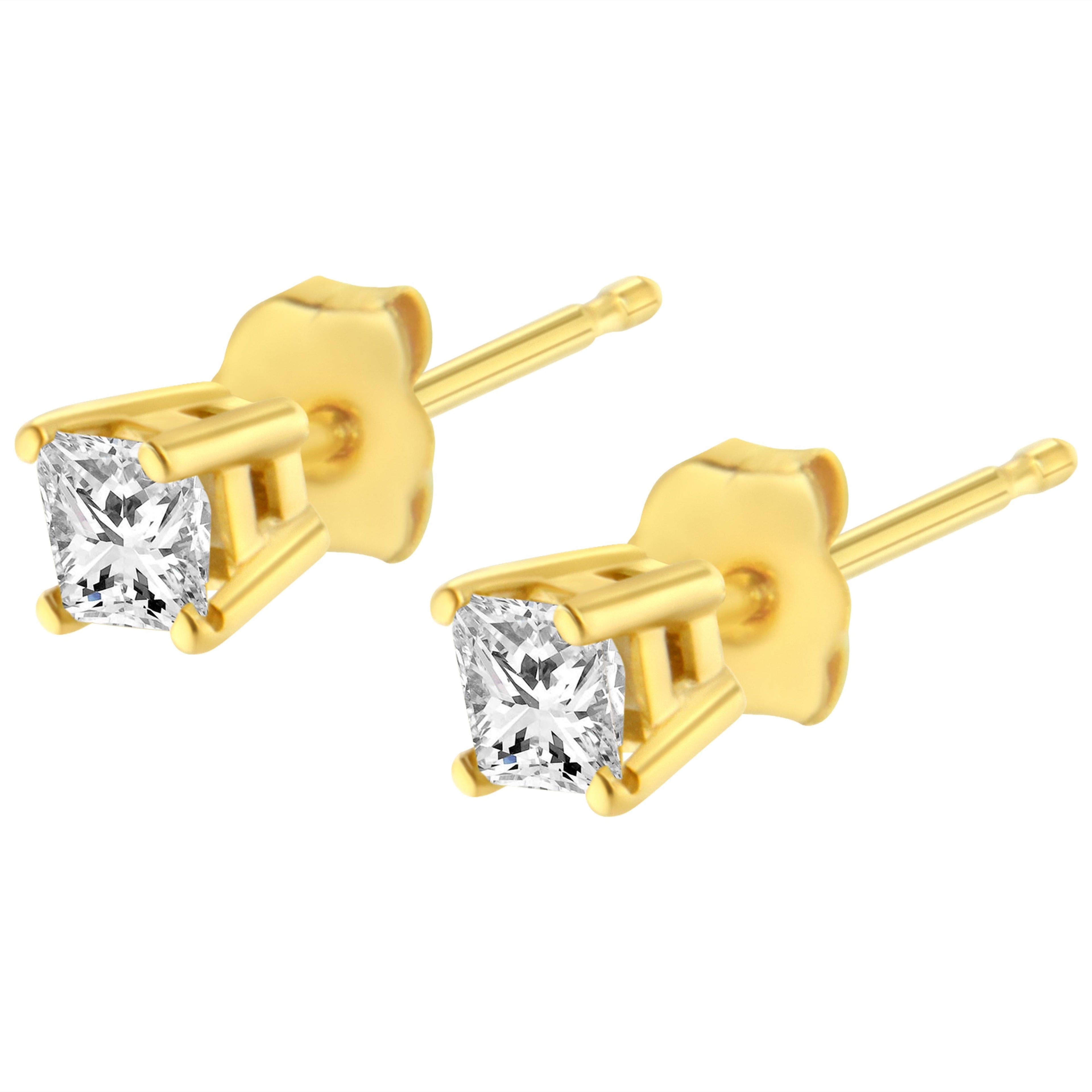 14K yellow gold princess-cut diamond stud earrings with near colorless I-J diamonds, classic 4-prong setting, I2-I3 clarity.