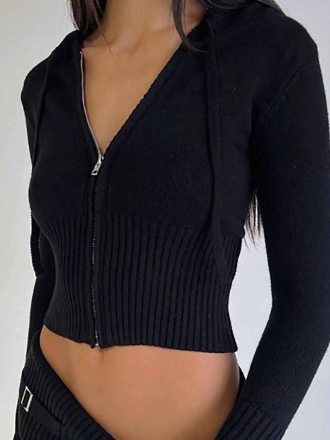 Plush Fashion Hub zip-up hooded cardigan and matching pants sweater set, casual knit outfit with front pockets and a cozy hood