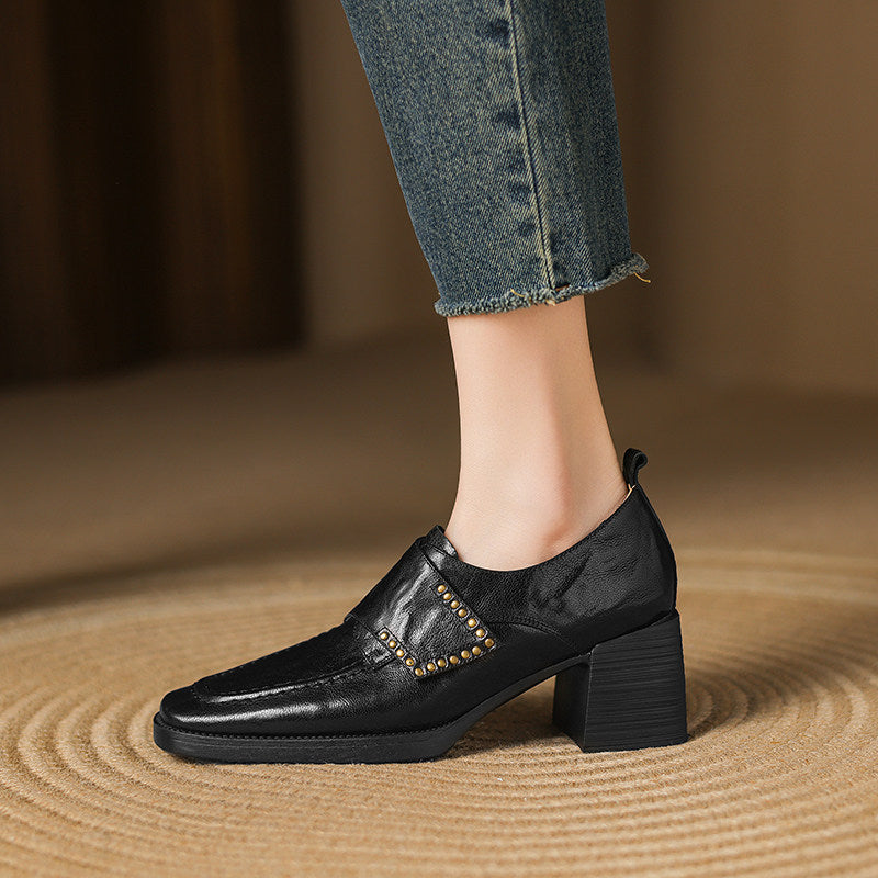 Women's British style square toe chunky heel pumps by Plush Fashion Hub with deep vamp and studded details.