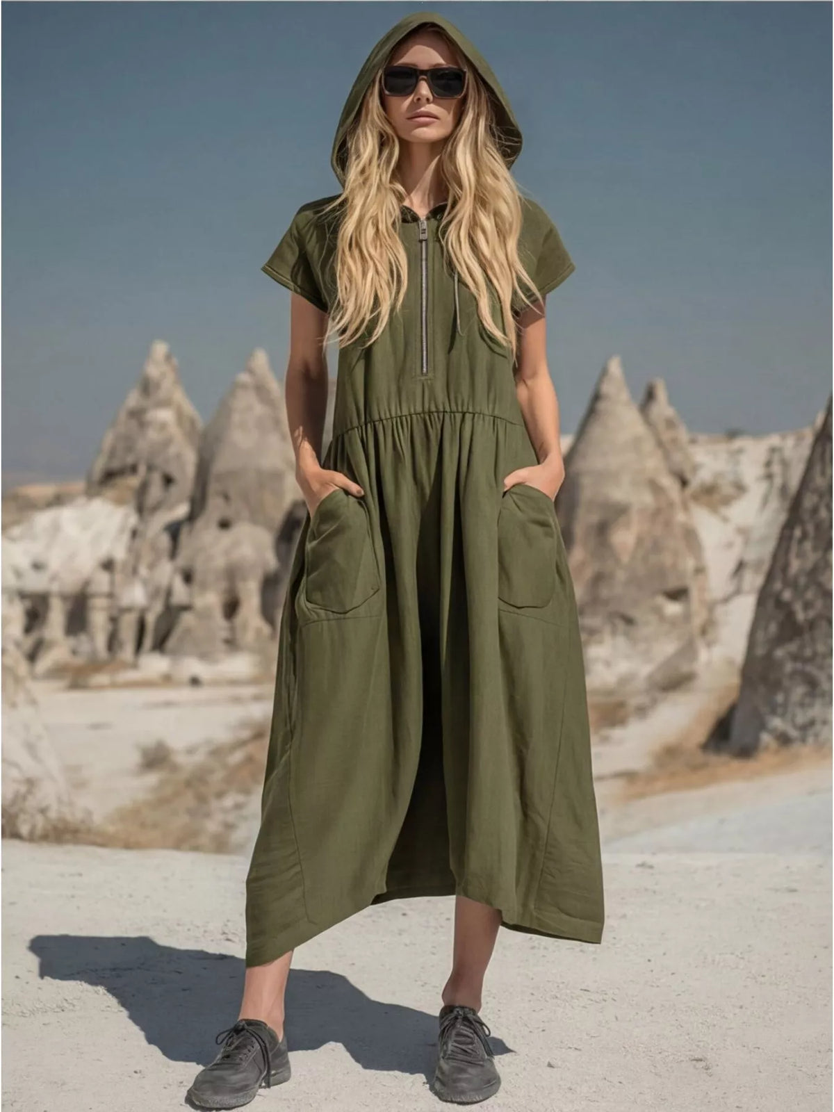 Plus size full zip hooded midi dress with pockets from Plush Fashion Hub, showing the relaxed fit, hood, and front zipper detail.