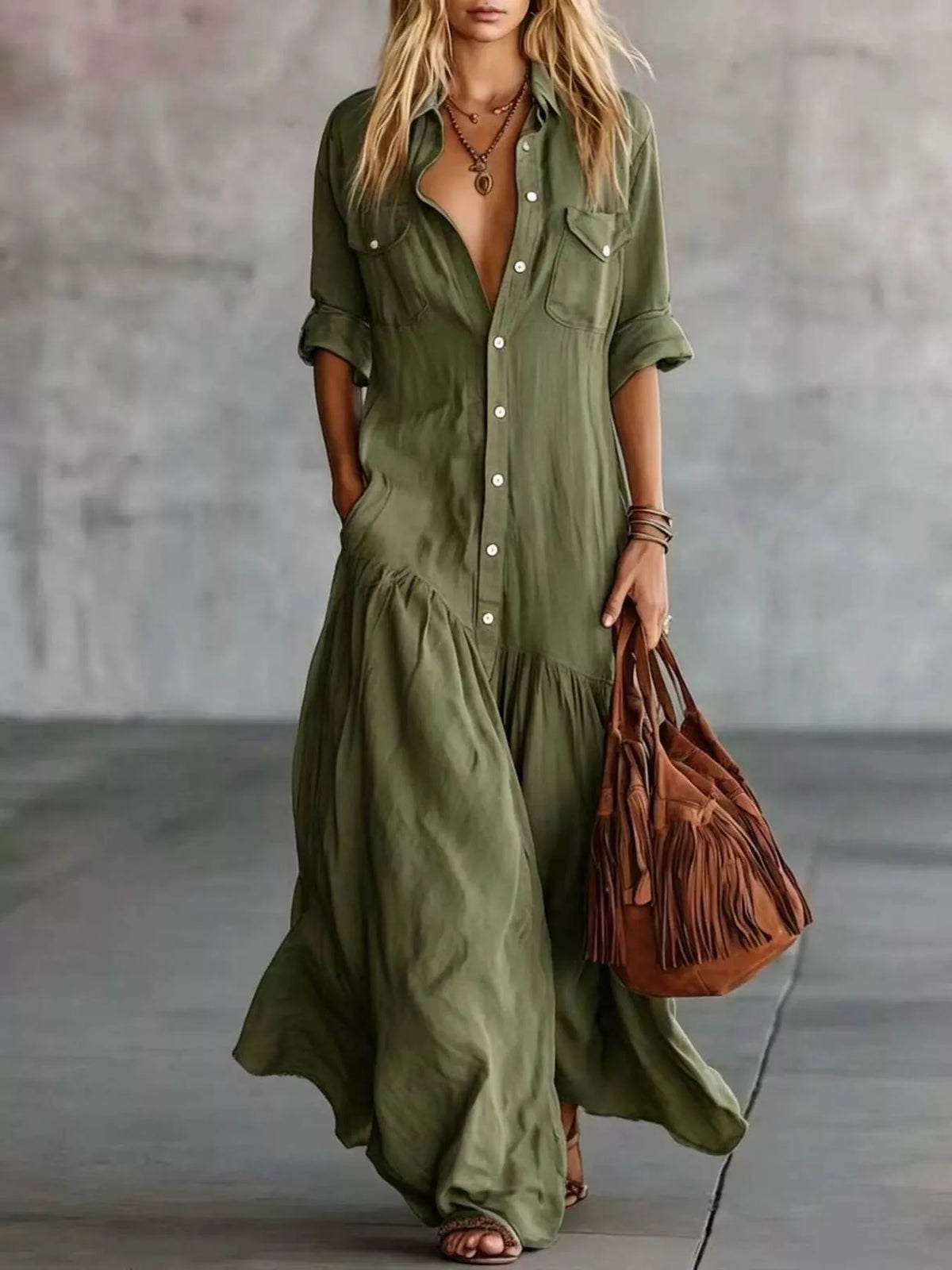 Plus size plush fashion hub maxi dress with button front and roll-up sleeves, full-length flowy dress in vibrant fabric.