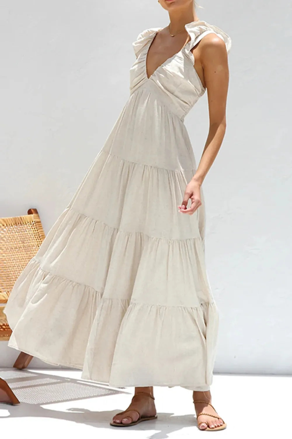 Women's cotton ruffled V-neck tiered midi dress featuring a flowy silhouette and feminine design, perfect for casual or dressy occasions.