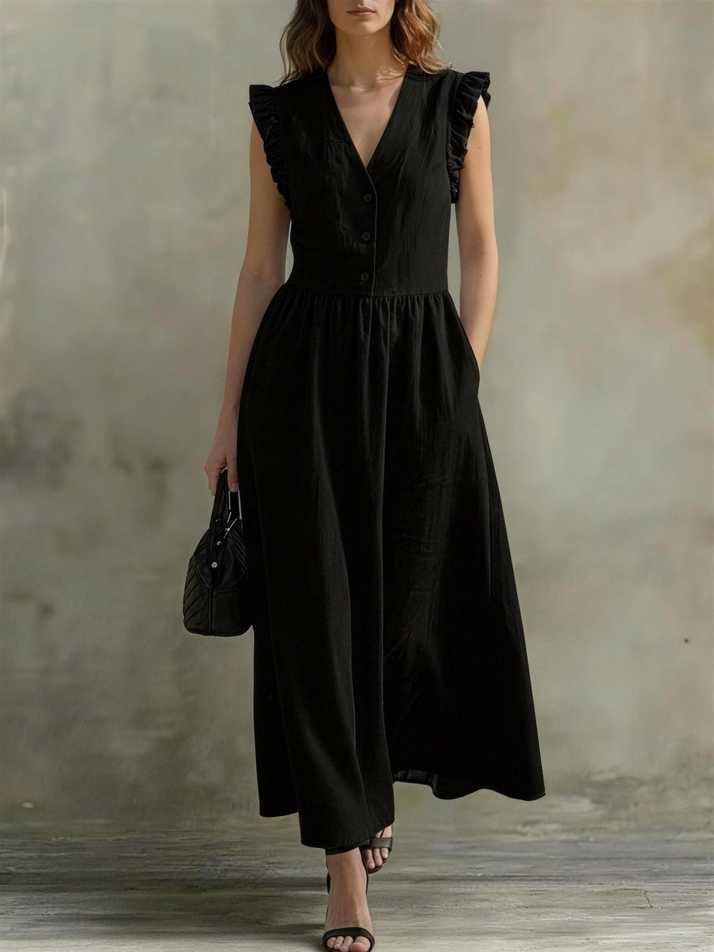 V-neck puff-sleeve casual dress with pockets in seven colors, made of cotton linen by FitiqueFit.