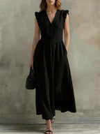 V-neck puff-sleeve casual dress with pockets in seven colors, made of cotton linen by FitiqueFit.