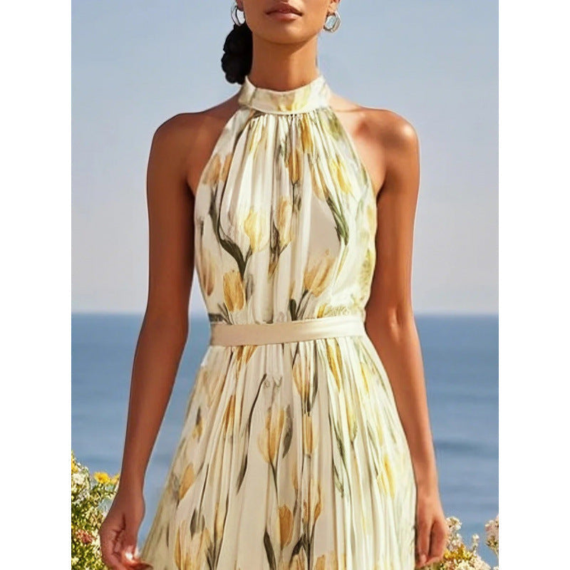 Women's halterneck high-waist swing dress by FitiqueFit featuring floral and solid print casualwear, flowing fabric and stylish design.