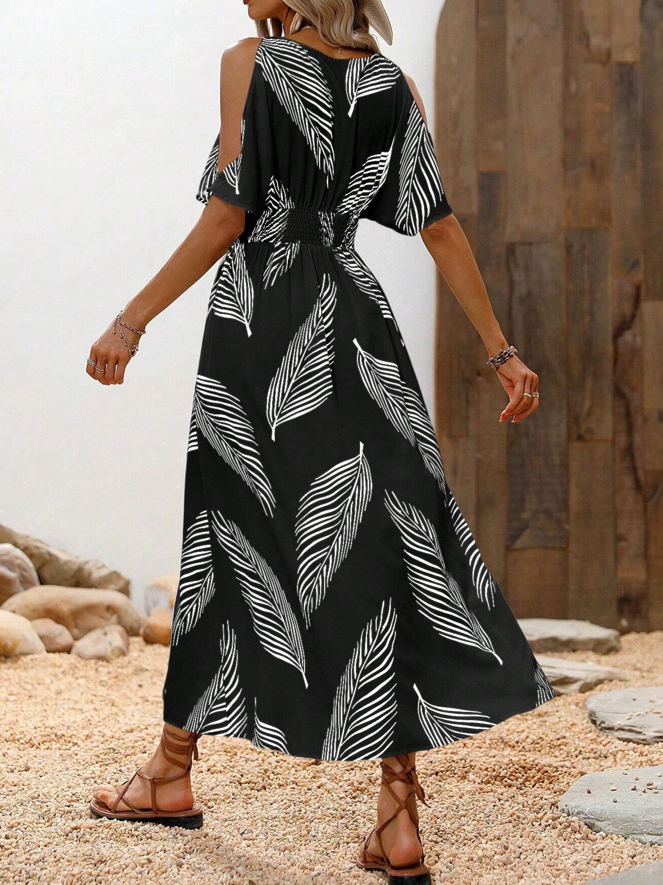 Women’s off-shoulder cross V-neck maxi dress by FitiqueFit, featuring a casual, flowing design with a fitted waist and elegant neckline.